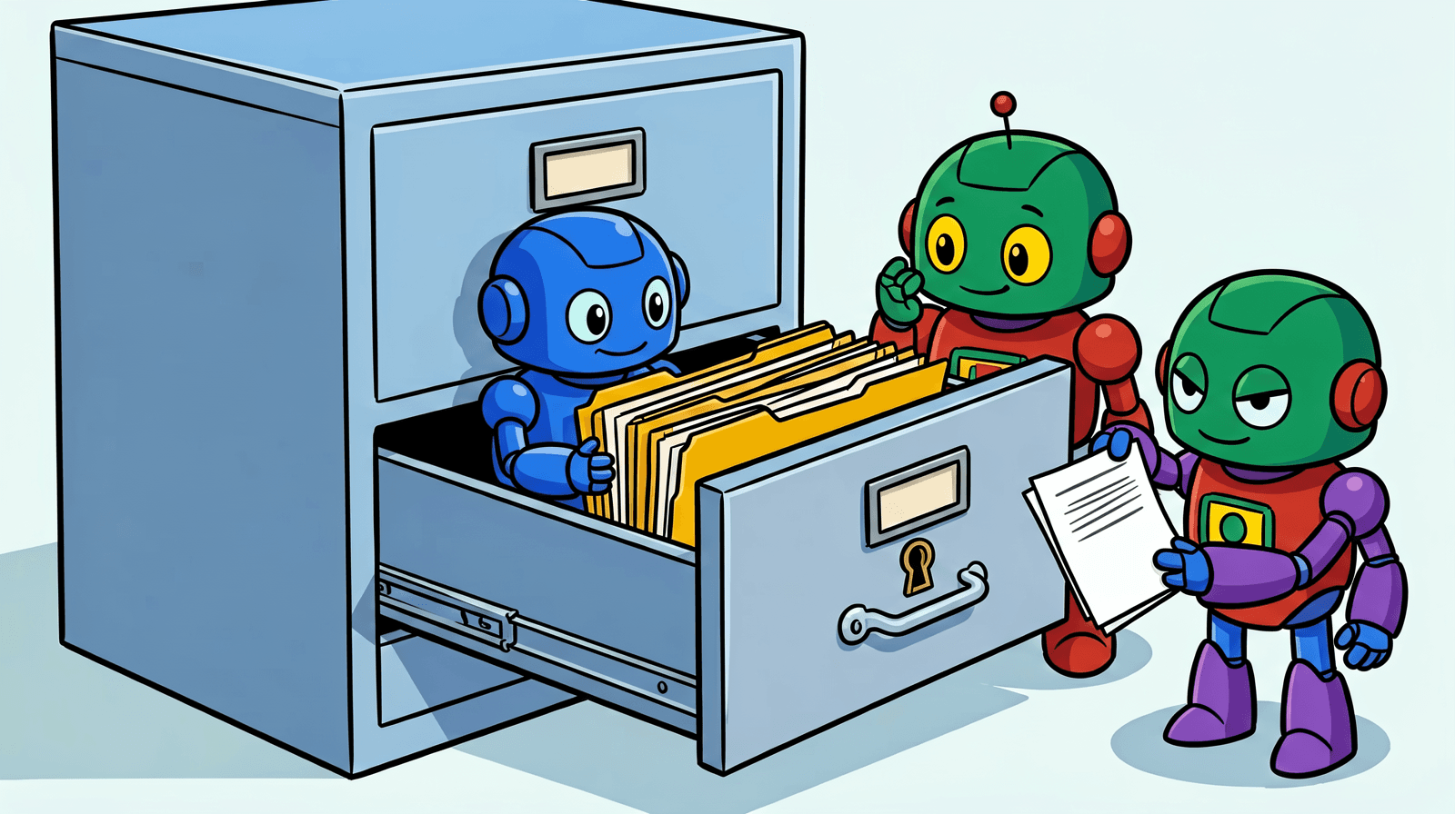 Cartoon of a blue robot sitting inside an open filing-cabinet drawer reading folders, while two robots outside hold a few photocopied pages.