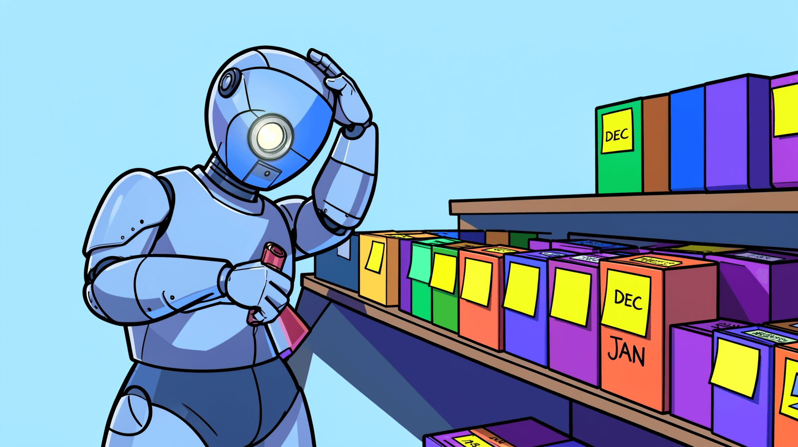 Cartoon of a blue robot with a headlamp scratching its head in front of shelves of coloured app boxes, some with yellow sticky notes reading DEC and one box labelled both DEC and JAN