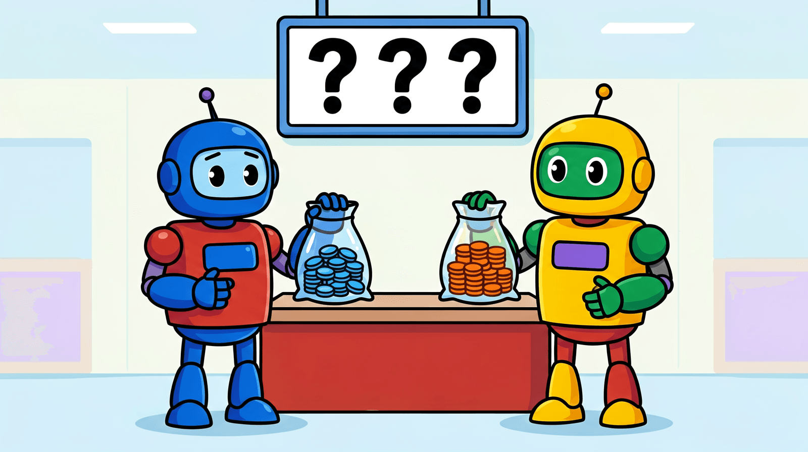 Cartoon of two robots at an exchange counter, one with a bag of blue coins and the other with a bag of orange coins, under a sign showing three big question marks