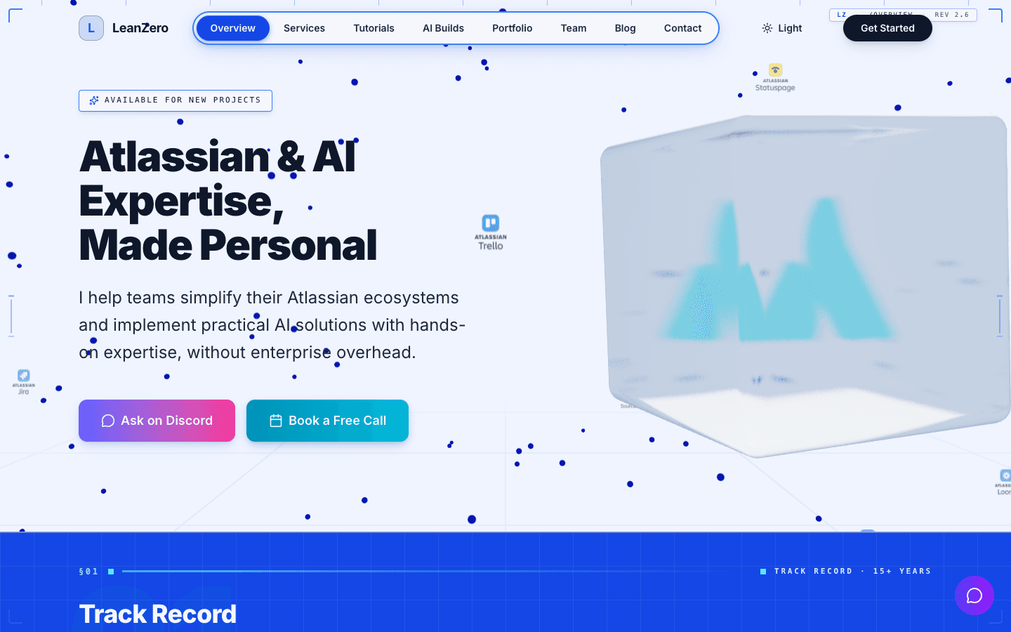 The leanzero.net home page in May 2026 in the light theme, with blueprint corner marks, a monospace AVAILABLE FOR NEW PROJECTS label and a REV 2.6 stamp in the top right corner