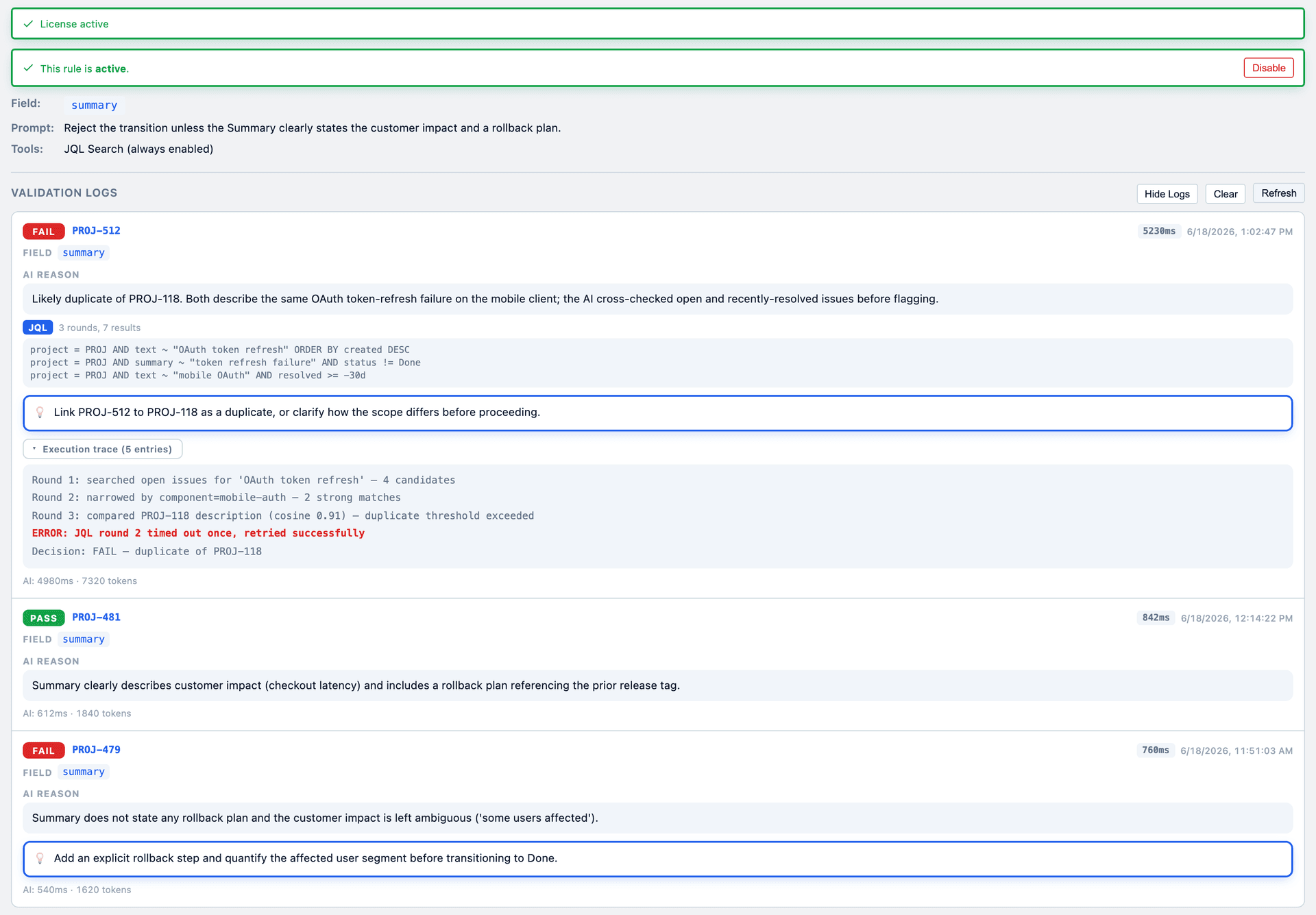 An agentic validation log: three rounds of JQL, a high-confidence match against PROJ-118, a JQL timeout that was retried, and a final block decision — every step recorded.