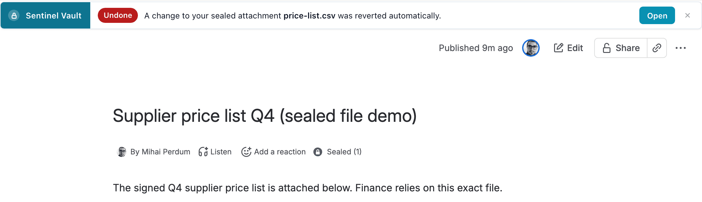 Sentinel Vault banner across the top of the page reading Undone, A change to your sealed attachment price-list.csv was reverted automatically, with an Open button, and the page byline showing Sealed (1)