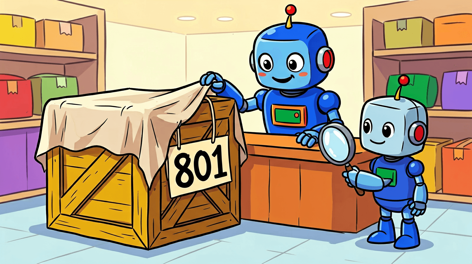 Cartoon of a robot shopkeeper lifting a cloth off a large wooden crate with a sign reading 801 while a small robot customer peers at it through a magnifying glass