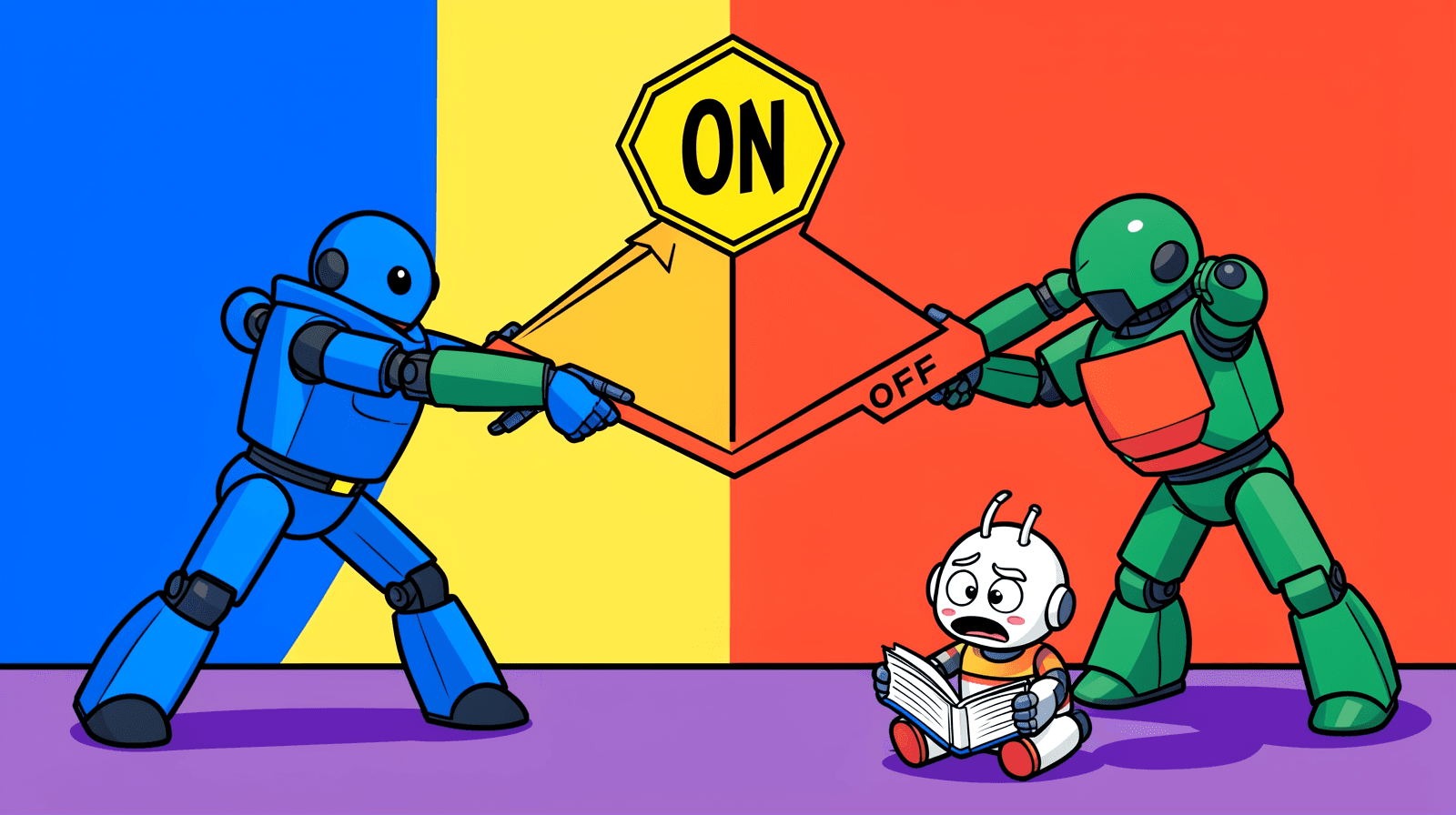 Cartoon of two robots pulling a giant wall lever in opposite directions, the lever marked ON and OFF, while a small robot on the floor reads a thick manual with a worried face