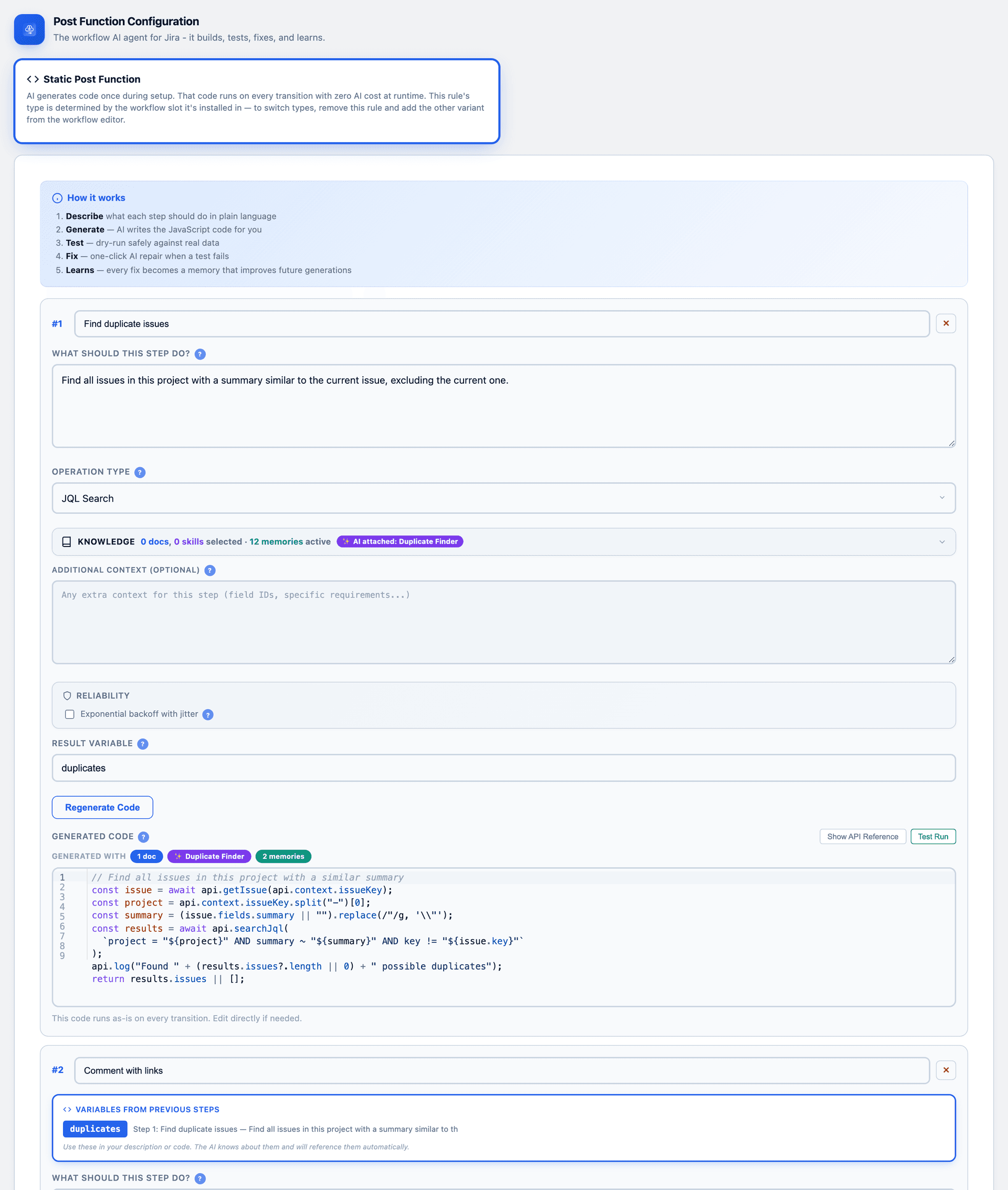 The Function Builder: describe each step in plain English, generate the code, and it runs at zero AI cost once published — steps chain by passing variables.