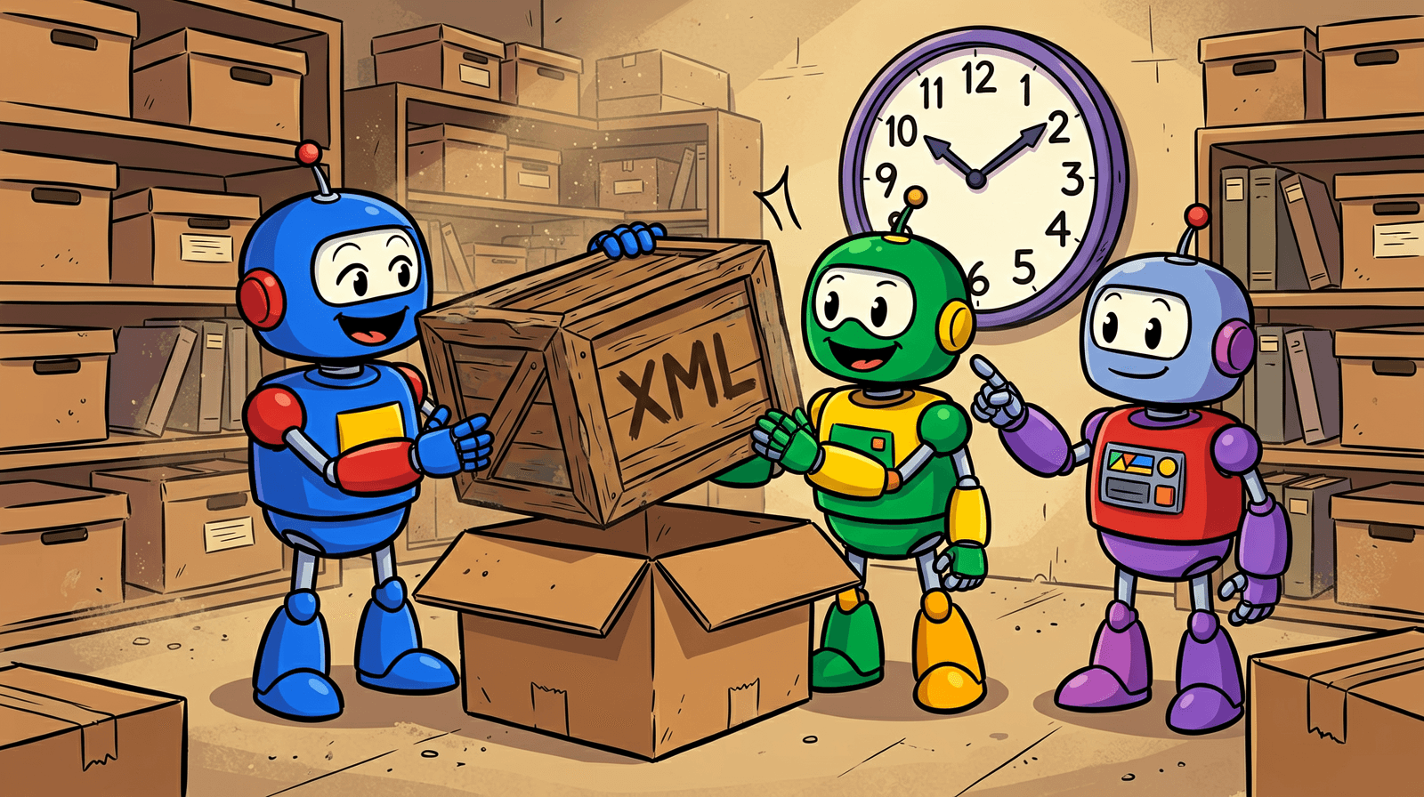 Cartoon of three robots in a dusty archive room lowering an old wooden crate marked XML into a cardboard box while one of them points at a big wall clock.