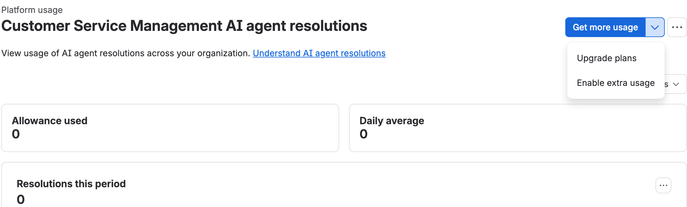 The Customer Service Management AI agent resolutions page in Atlassian Administration on our test org: Allowance used 0, Daily average 0, Resolutions this period 0, and the Get more usage dropdown open showing Upgrade plans and Enable extra usage