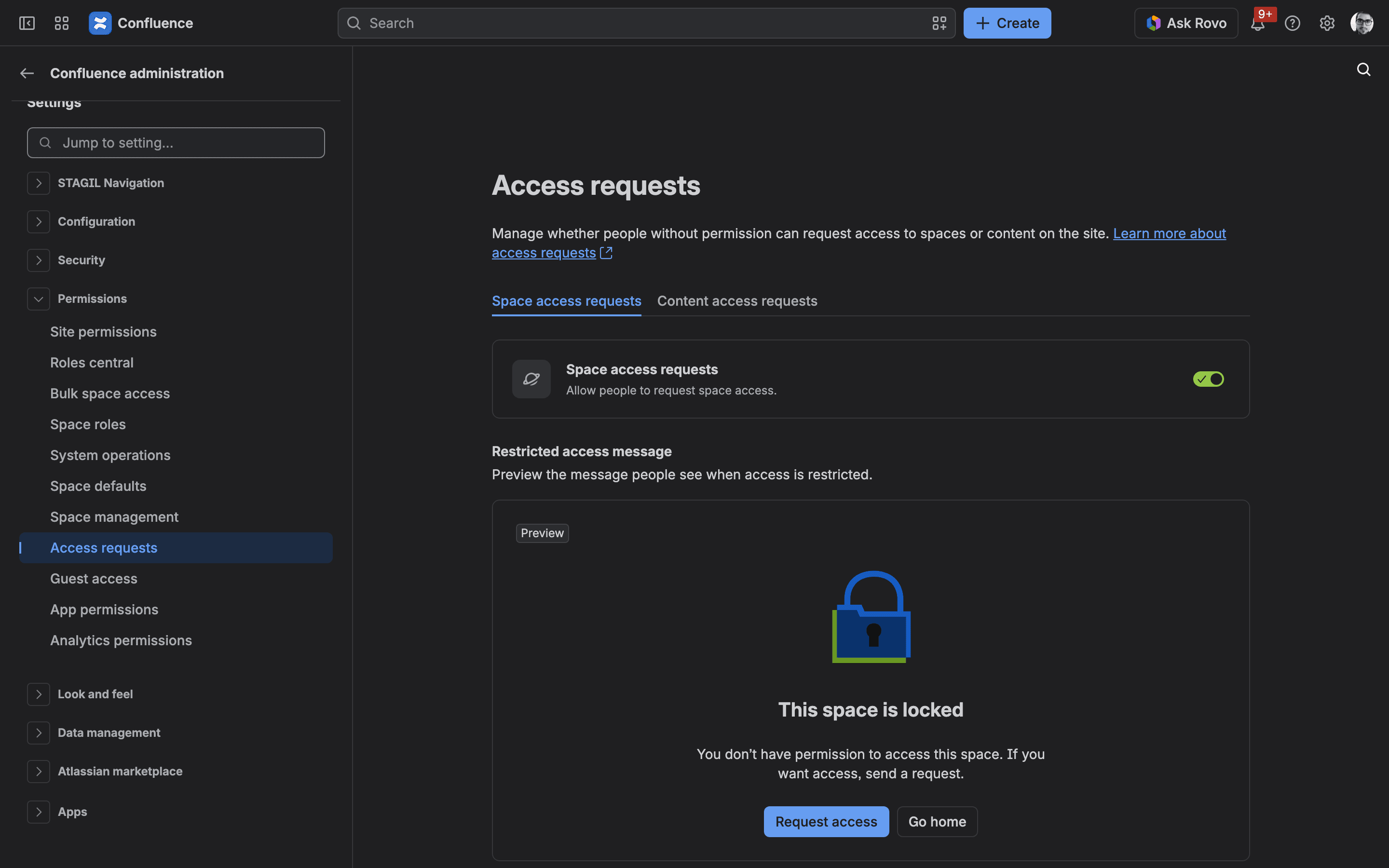 Confluence administration on a dark theme. The sidebar shows Settings with Security collapsed and Permissions expanded, Access requests highlighted. The page is titled Access requests, with tabs Space access requests and Content access requests, a toggle card reading Allow people to request space access switched on, and a preview of a lock screen saying This space is locked with Request access and Go home buttons.