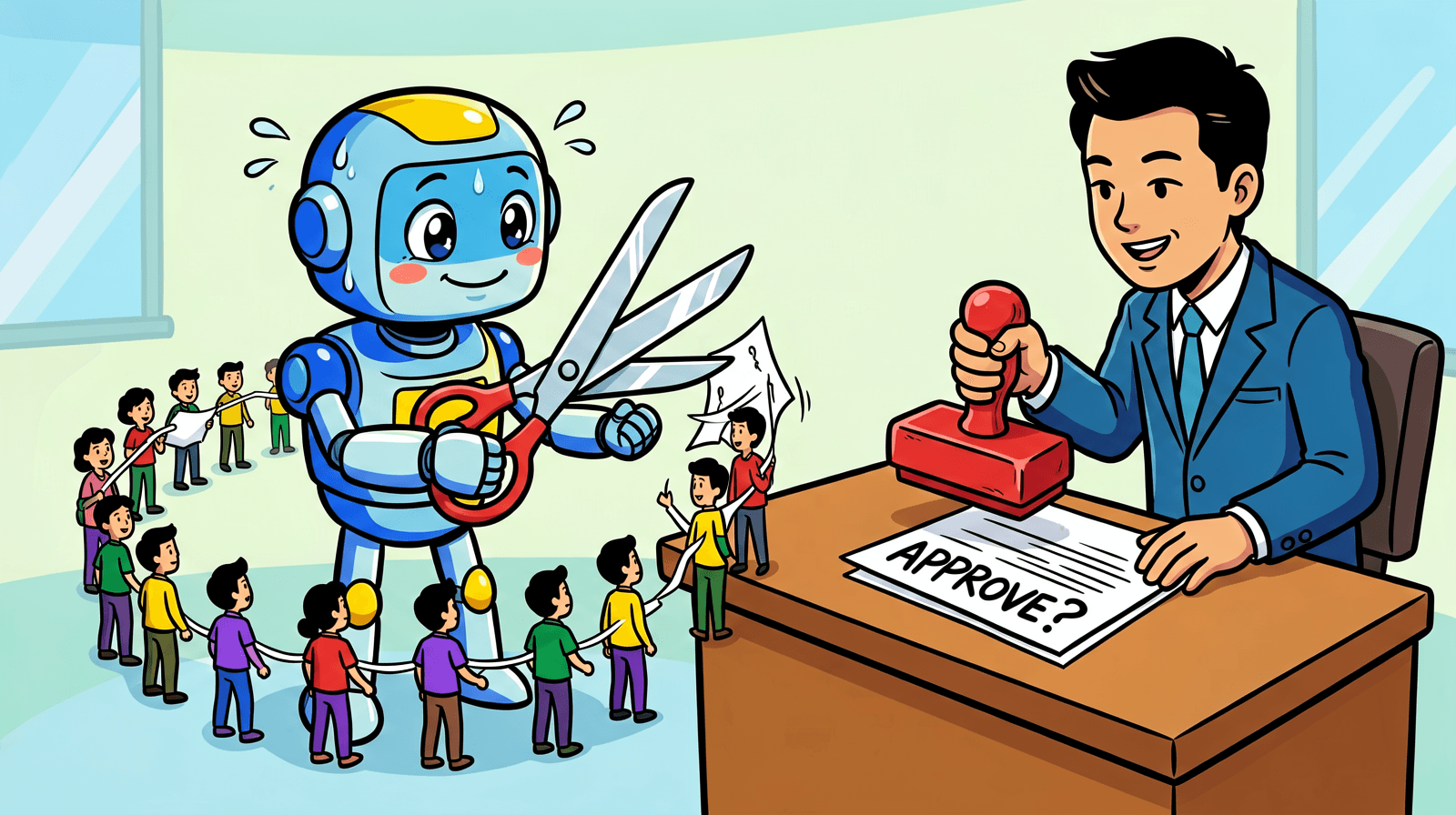 Illustration of a sweating robot holding giant scissors over a paper chain of little people, waiting while a manager hovers a rubber stamp over a form reading APPROVE?