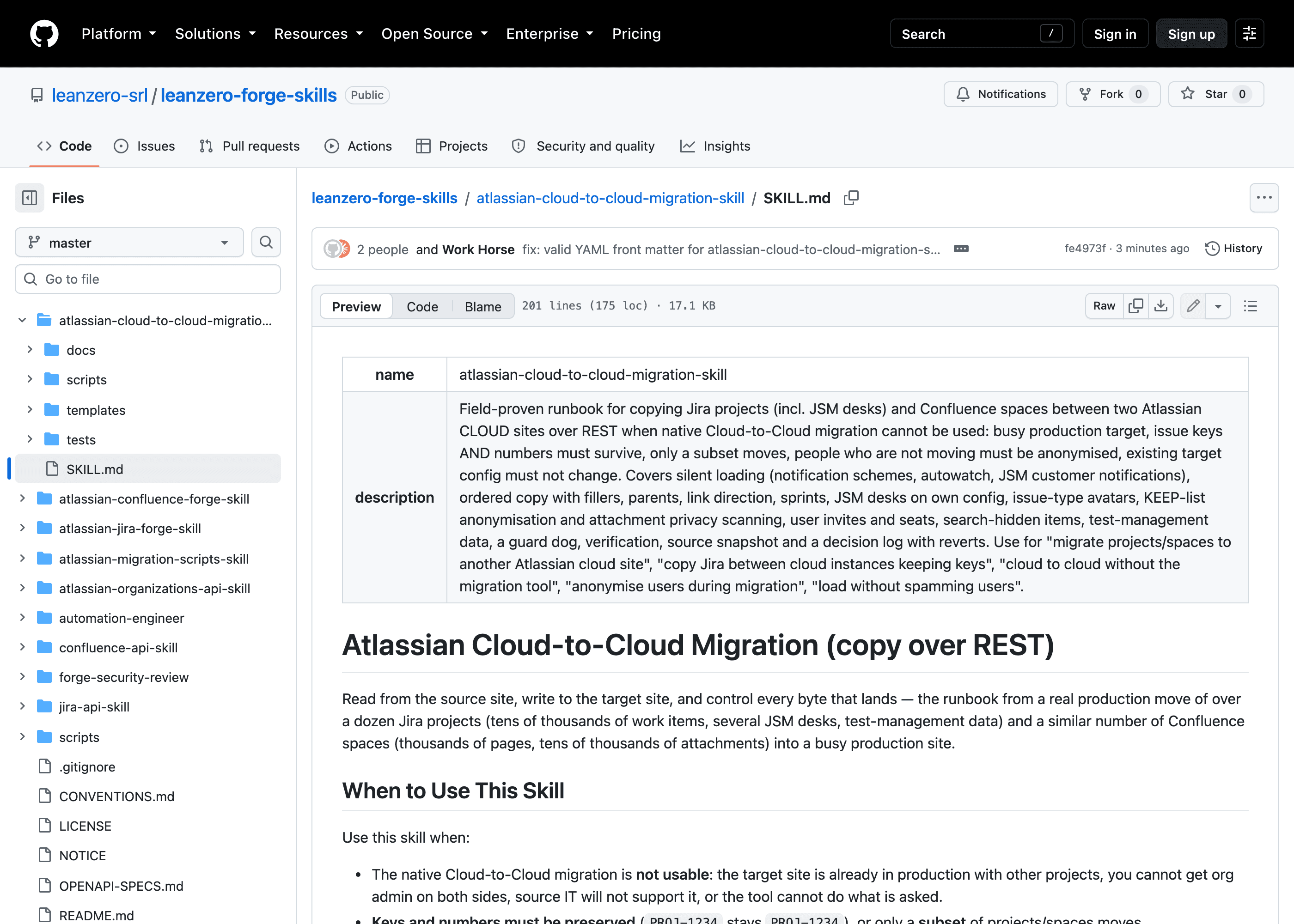 The atlassian-cloud-to-cloud-migration-skill SKILL.md rendered on GitHub. Its front matter shows as a clean name and description table, followed by the heading Atlassian Cloud-to-Cloud Migration (copy over REST) and the When to Use This Skill list.