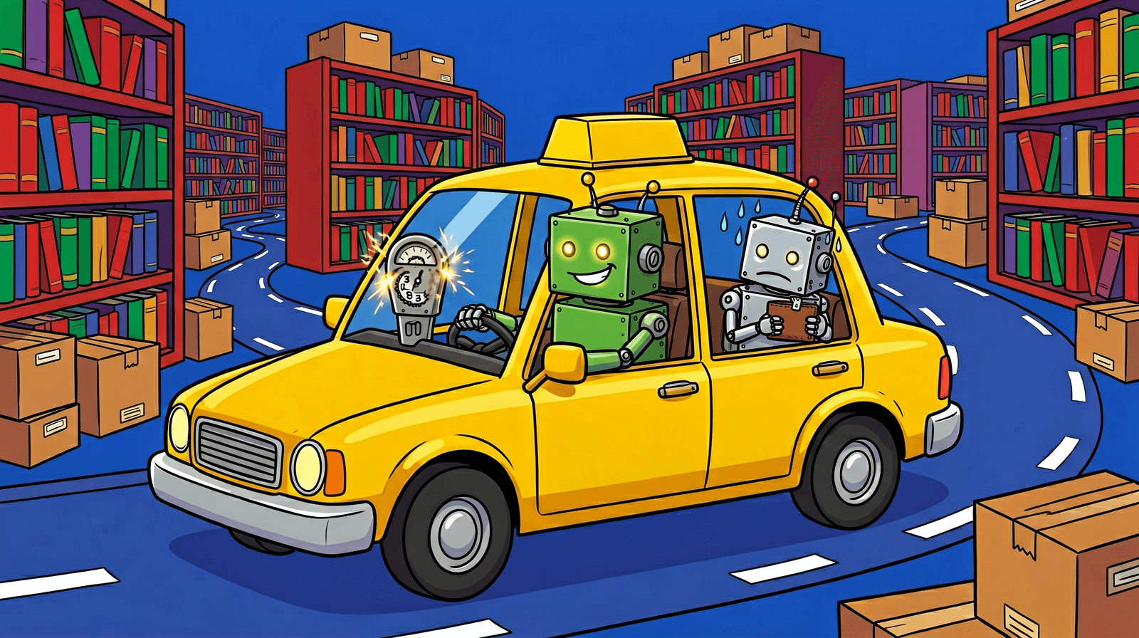 Cartoon of a worried silver robot passenger clutching a wallet in the back of a yellow taxi while a grinning green robot driver steers through a maze of library shelves and the meter throws sparks