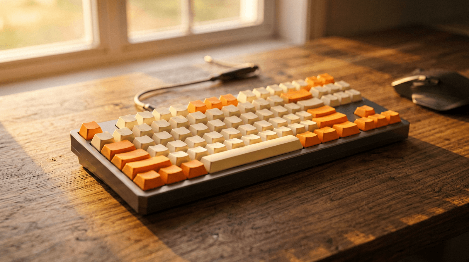ERNIE-Image Turbo product photo of a mechanical keyboard with cream and orange keycaps on a wooden desk, lit by low sunlight from a window