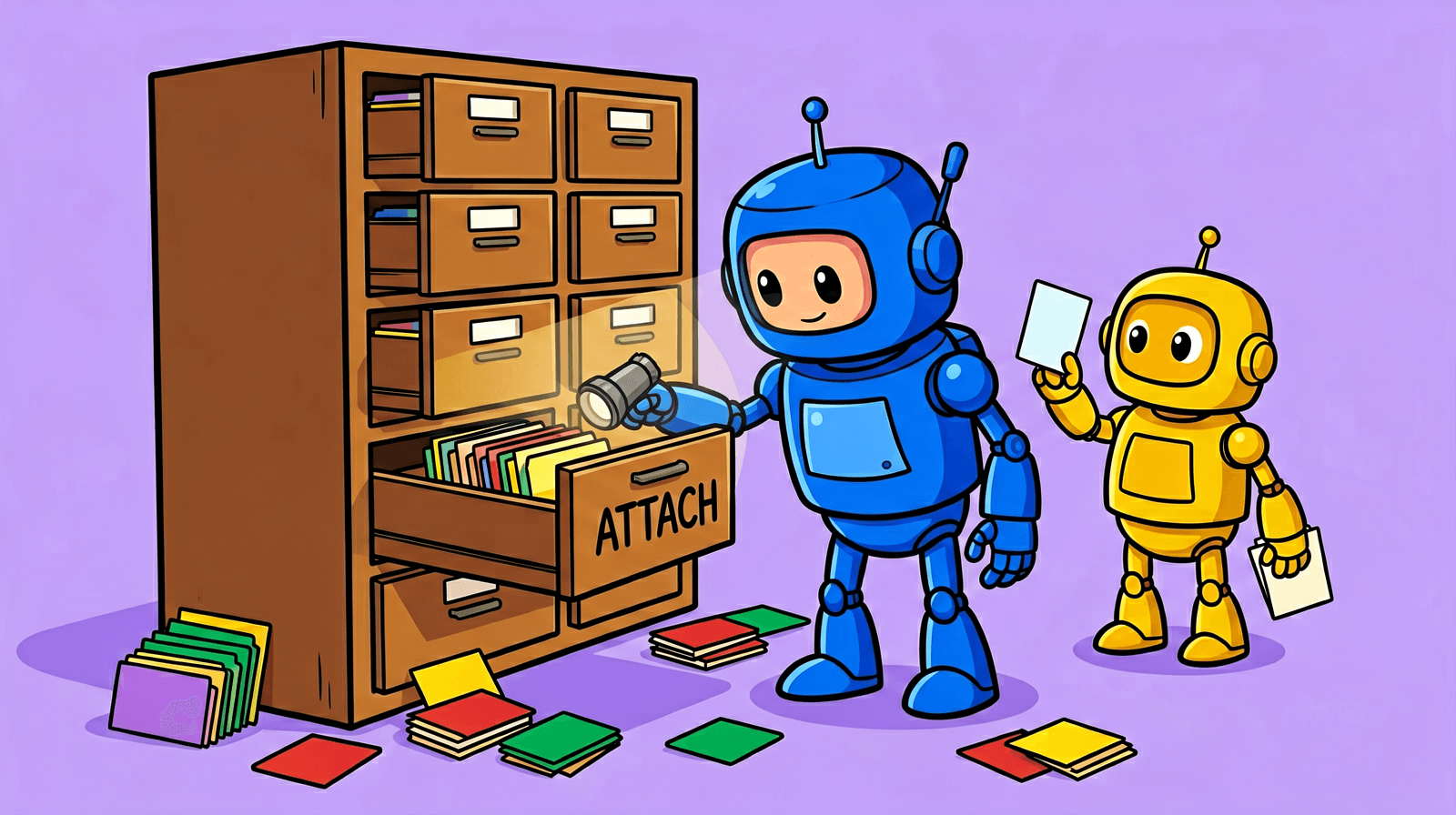 Cartoon of a blue robot with a flashlight pulling open a card-catalogue drawer labelled ATTACH, index cards scattered on the floor, while a small yellow robot behind it holds up one card