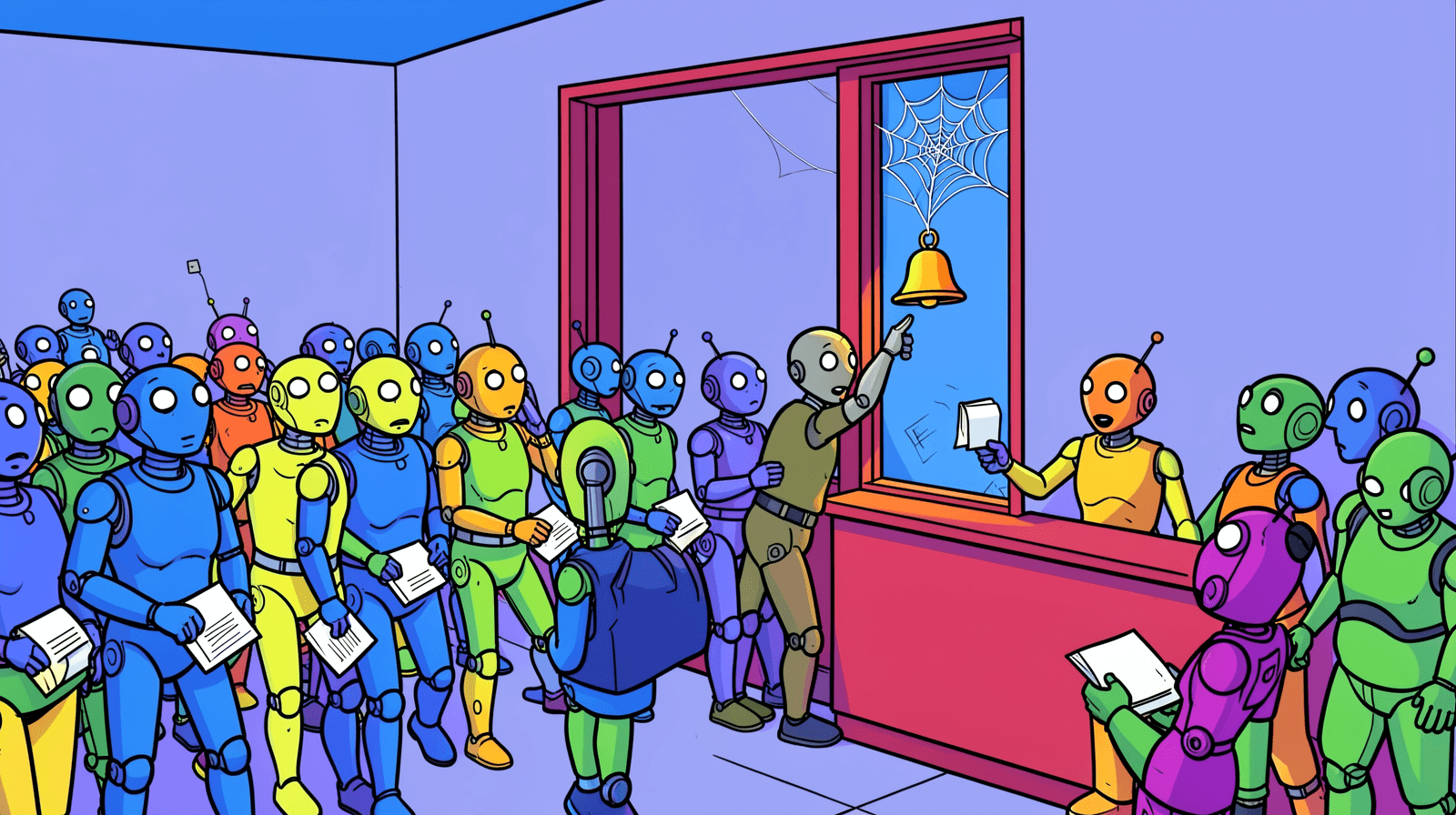 Illustration, a long queue of tired robots holding paper tickets waits at a single service window with a bell and a cobweb, while the robot at the front rings the bell again.