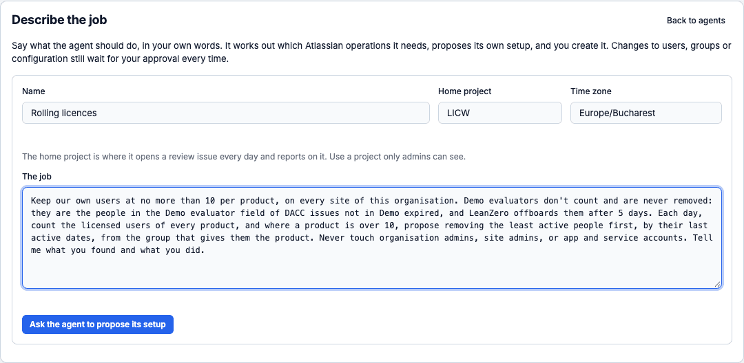 CogniRunner's Describe the job form with the name Rolling licences, home project LICW, time zone Europe/Bucharest and the license rule typed in