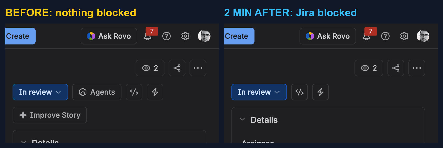 Two crops of the top right of Jira work item TPP-41. Left, labelled BEFORE nothing blocked: Ask Rovo in the top bar, then In review, Agents and Improve Story buttons. Right, labelled 2 MIN AFTER Jira blocked: Ask Rovo is still in the top bar, but Agents and Improve Story are gone