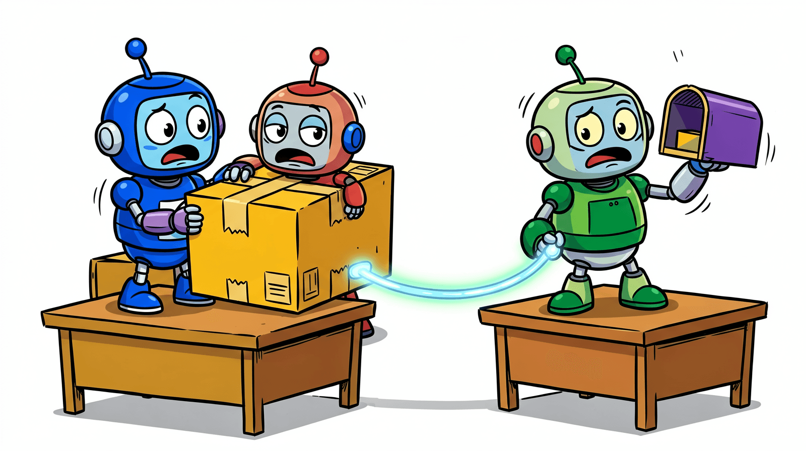Illustration of two cartoon robots on separate desks joined by one glowing cable; one pushes an oversized cardboard parcel toward the cable while the other holds up a mailbox far too small for it