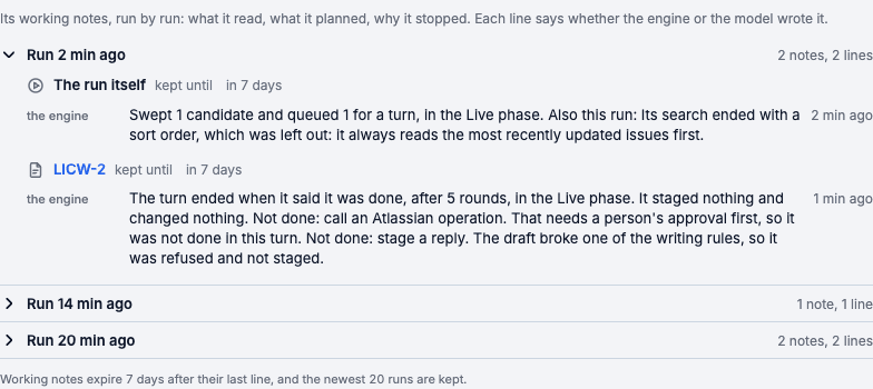 Scratchpad of the drill's third tick: after 5 rounds, the Atlassian call needs a person's approval first; the reply draft broke a writing rule
