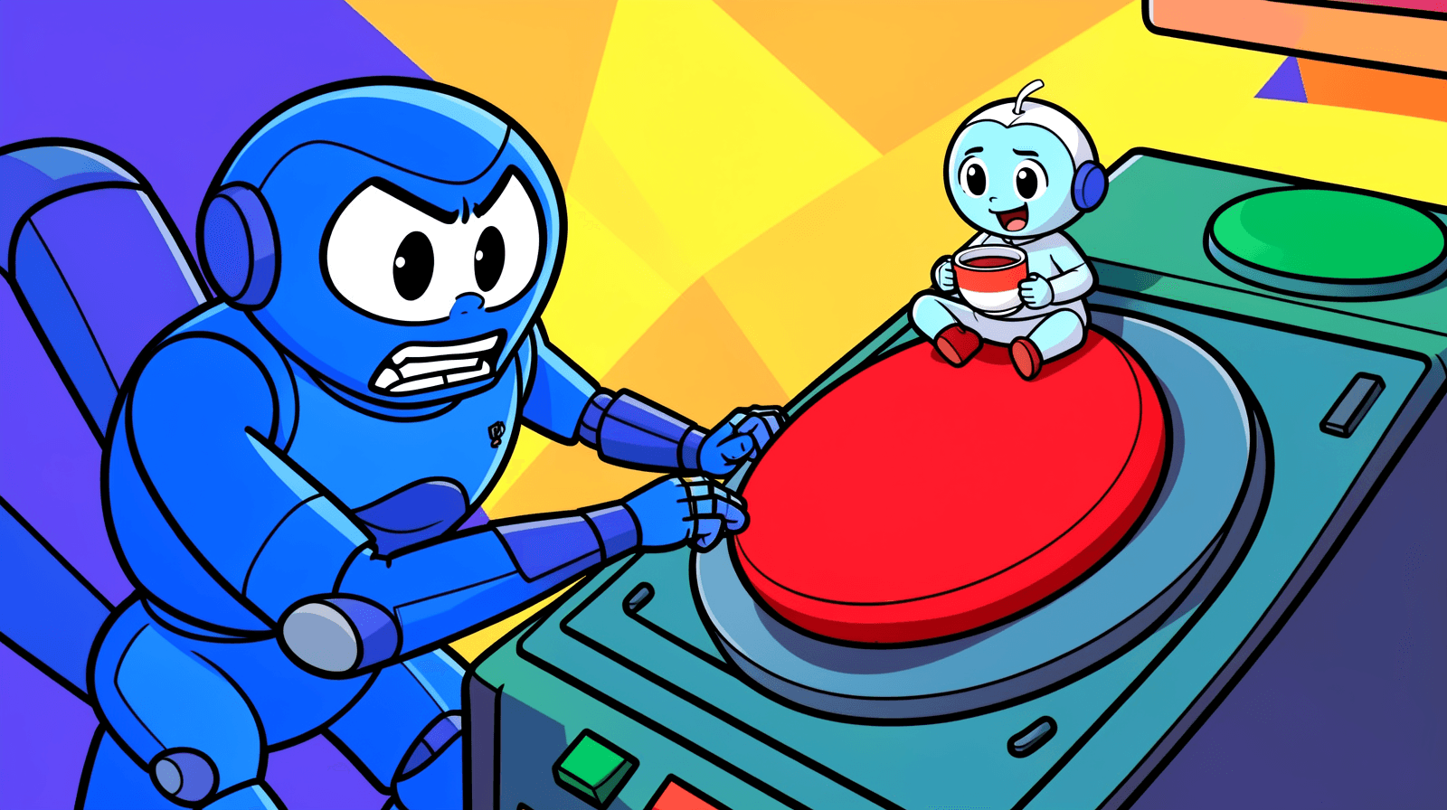 Illustration, a frustrated blue robot pushes a huge red button with all its strength while a tiny cheerful robot sits on top of the button sipping tea, so the button can't go down.
