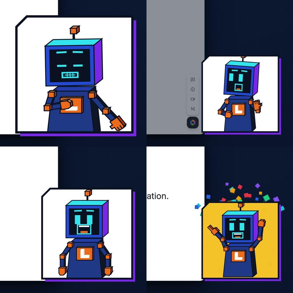 Four close-ups of Elzi from the pilot: talking with a hand gesture, rolling her eyes, the nervous to-camera aside with her mouth open, and celebrating with arms up on an amber tile with voxel confetti