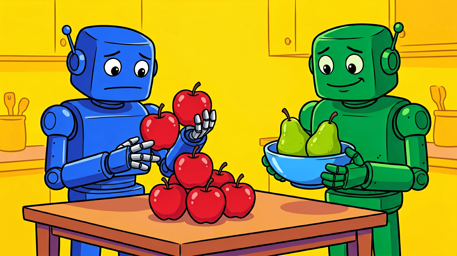 Cartoon of a worried blue robot counting a pile of red apples on its metal fingers while a smiling green robot holds a blue bowl with two green pears