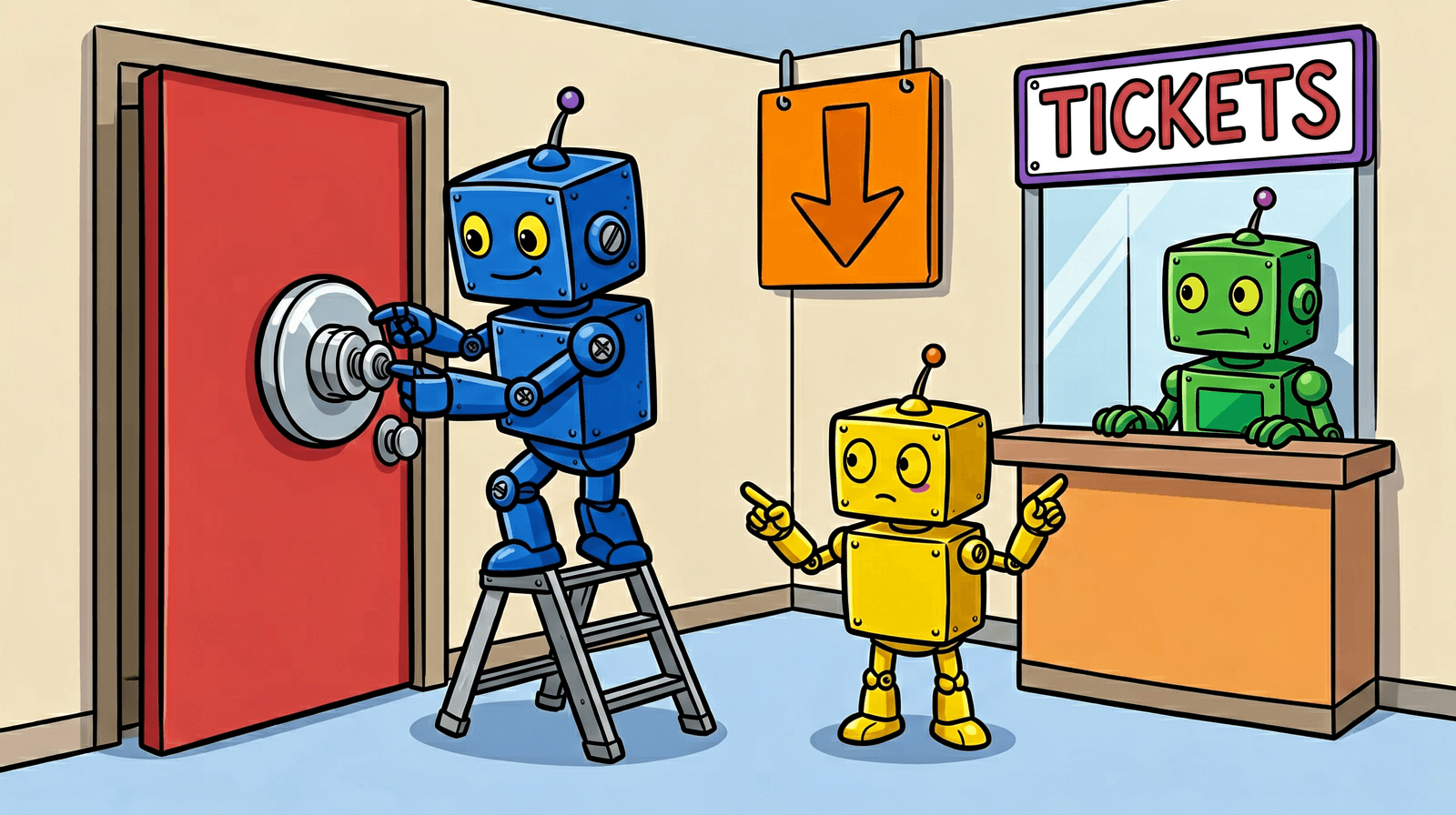 Cartoon of a blue boxy robot on a small ladder unscrewing a big doorbell button from a red office door, an orange sign with a downward arrow hanging between the door and a ticket window labelled TICKETS where a green robot clerk waits, and a small yellow robot visitor standing between them pointing both ways.