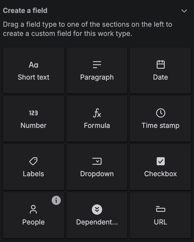 The Create a field palette in a team-managed space's work type settings: tiles for Short text, Paragraph, Date, Number, Formula, Time stamp, Labels, Dropdown, Checkbox, People, Dependent and URL.