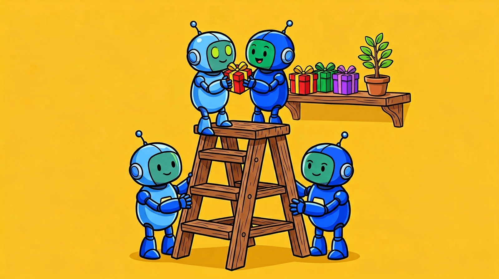 Four cartoon robots around a wooden stepladder, two at the top handing a red gift box toward a shelf that holds three gift boxes in red, green and violet and a small potted sapling, two below holding the ladder steady