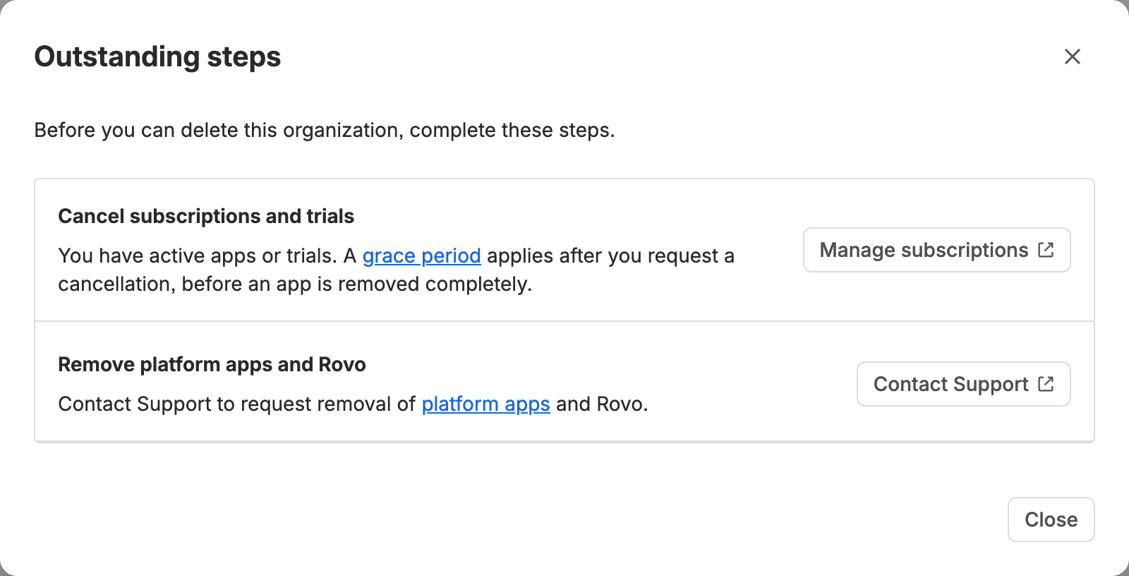 The Outstanding steps dialog in Atlassian Administration with two blockers. Cancel subscriptions and trials, with a Manage subscriptions button. Remove platform apps and Rovo, with the text Contact Support to request removal of platform apps and Rovo and a Contact Support button.