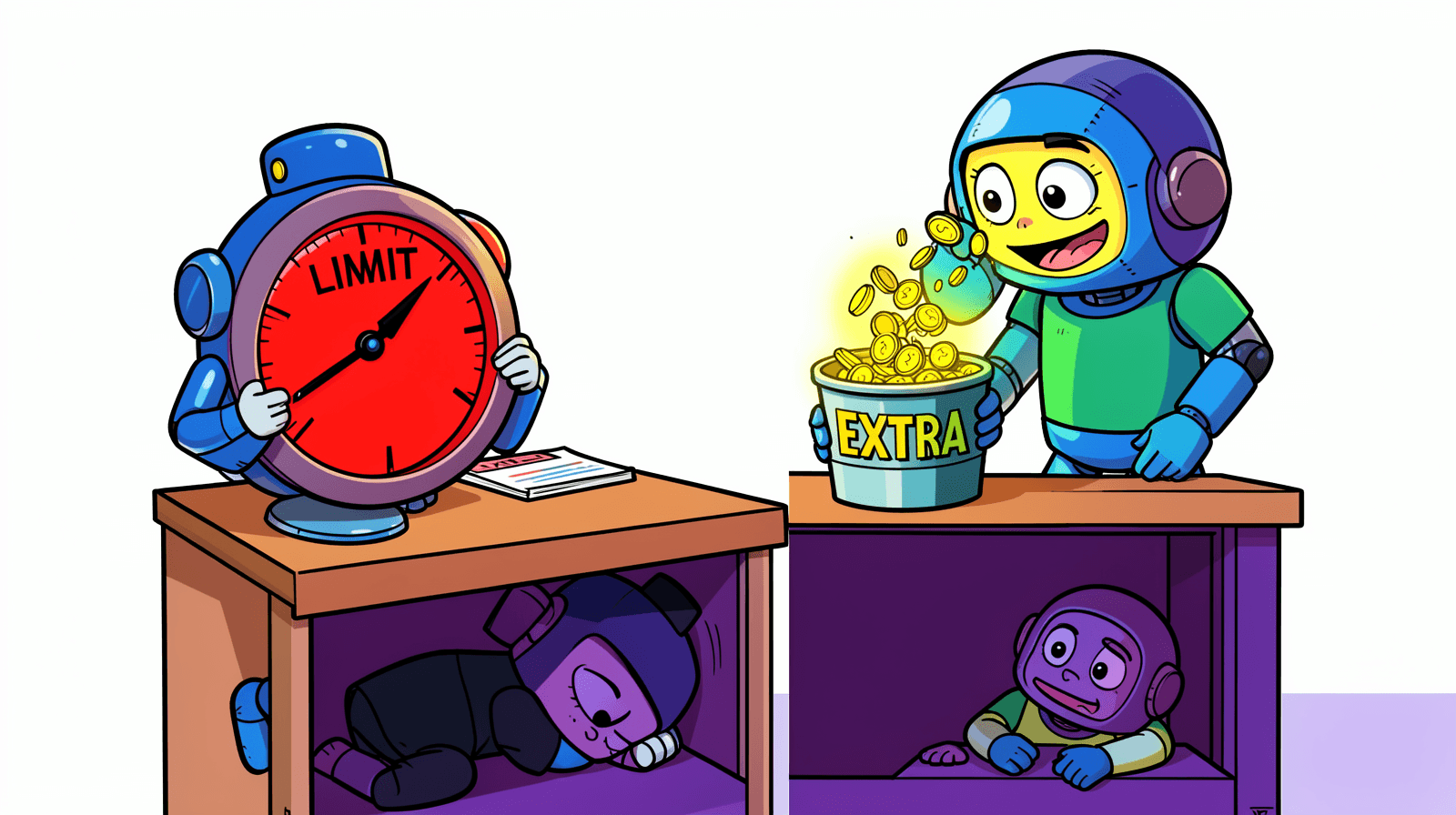 Cartoon of a robot at a desk holding a giant red dial labelled LIMIT, while a cheerful robot at the next desk pours glowing coins into a bucket labelled EXTRA and two more robots hide under the desks