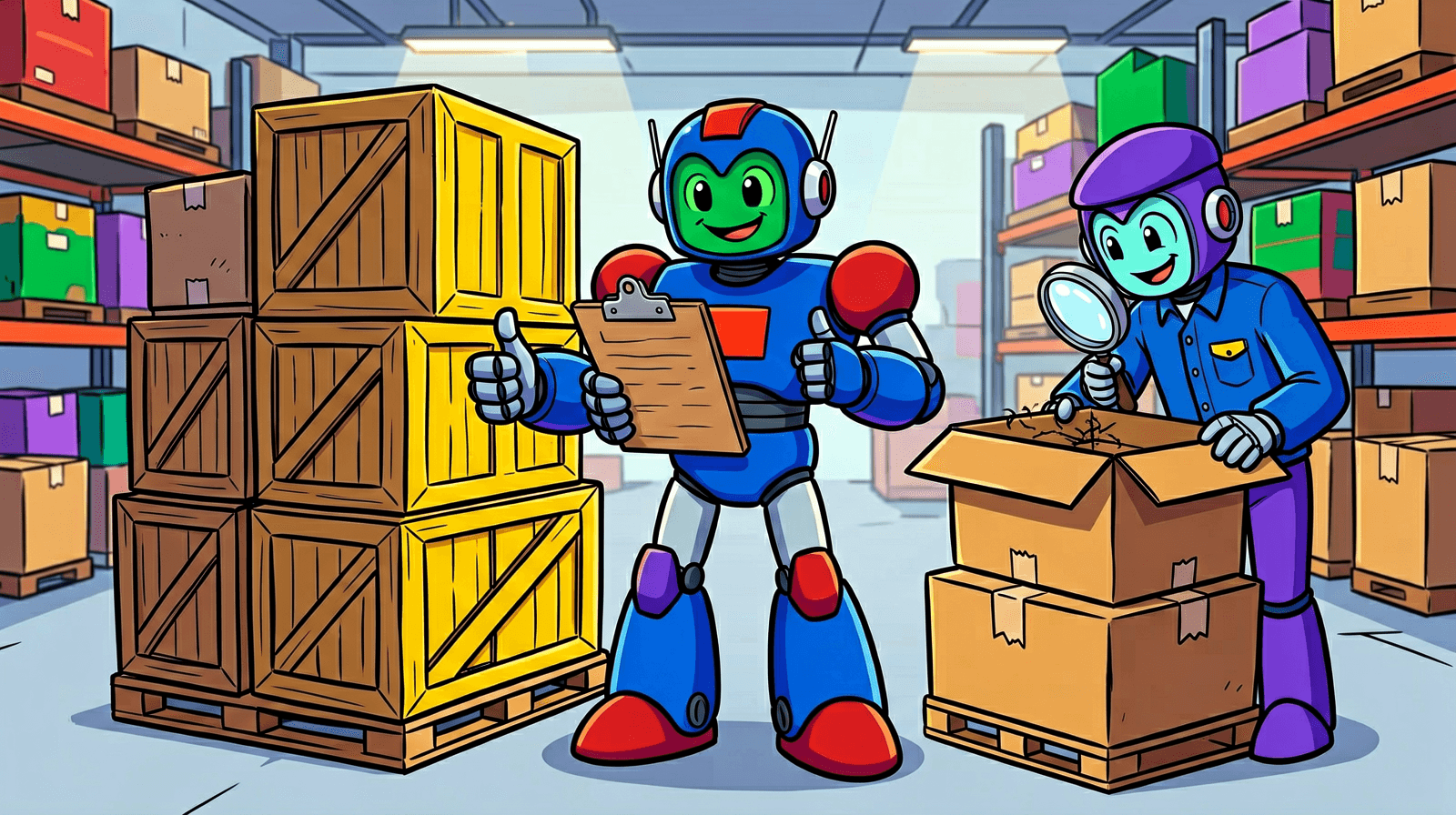 Cartoon of a robot in a warehouse holding up a clipboard and giving a thumbs up beside a tall stack of crates, while an inspector robot with a magnifying glass opens one of the boxes