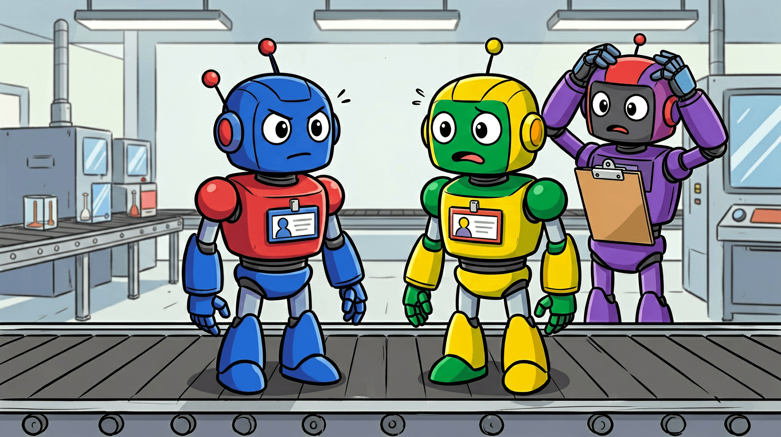 Illustration of two robots with identical name badges on a conveyor belt staring at each other while a third robot with a clipboard clutches its head