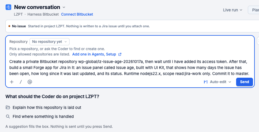 The Coder workspace with no issue attached and the prompt in the composer