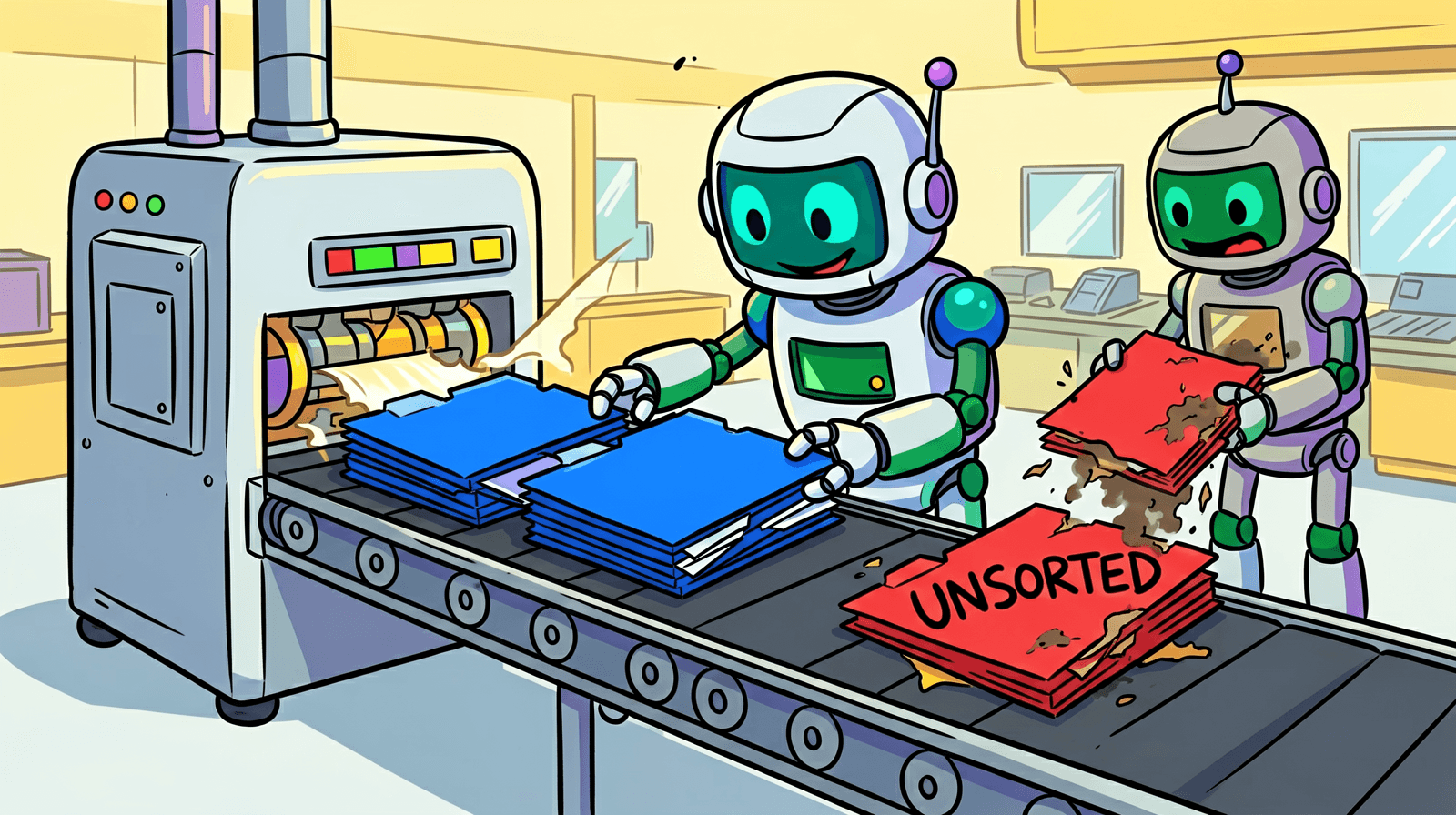 Cartoon of a robot placing neat blue folders on a conveyor belt that feeds a machine, while a second robot behind it drops a torn red folder marked UNSORTED onto the belt.