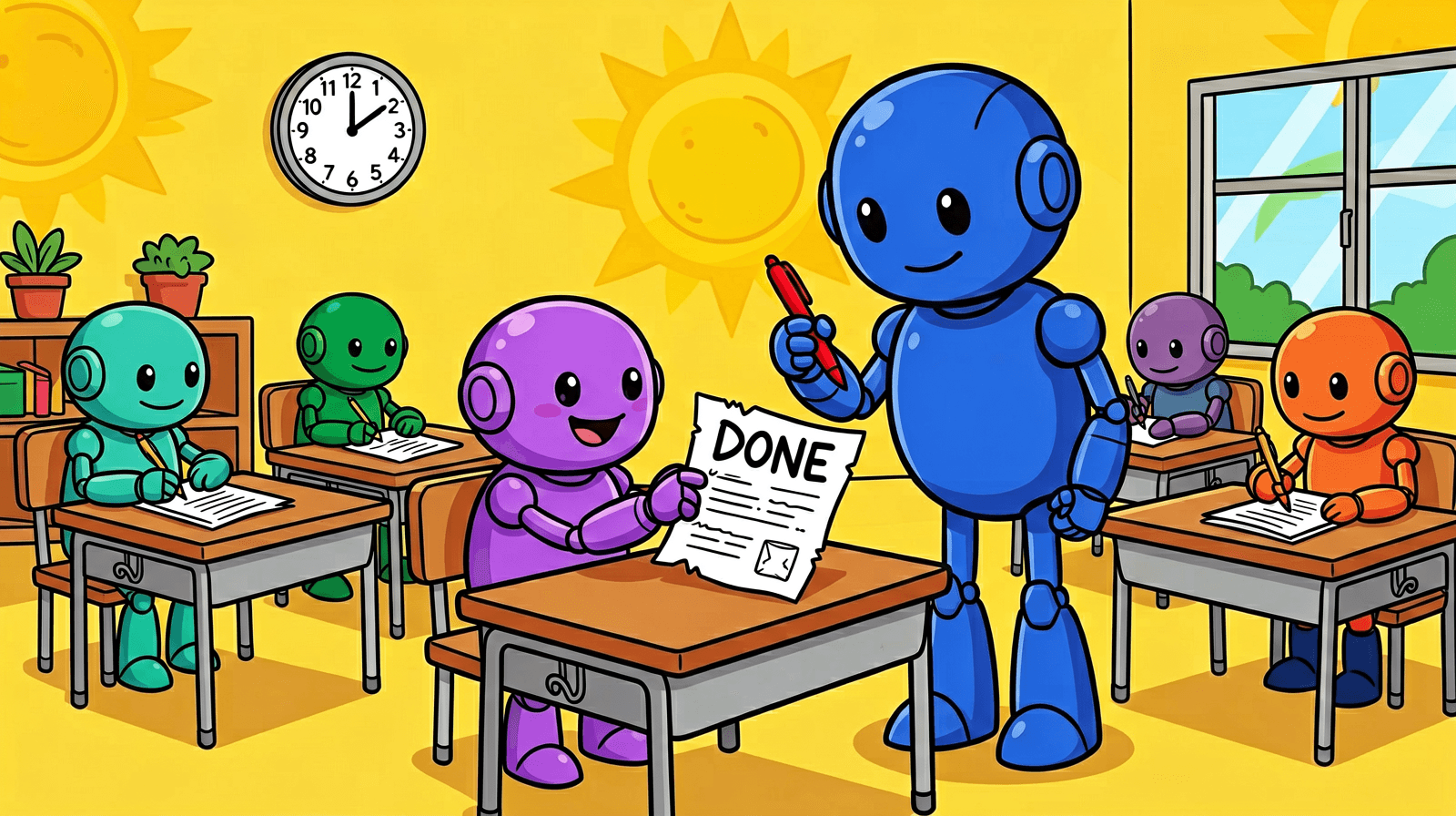 Illustration of a robot classroom where a cheerful violet robot hands a half-written exam paper marked DONE to a tall blue teacher robot holding a red pen, while the other robot students keep writing