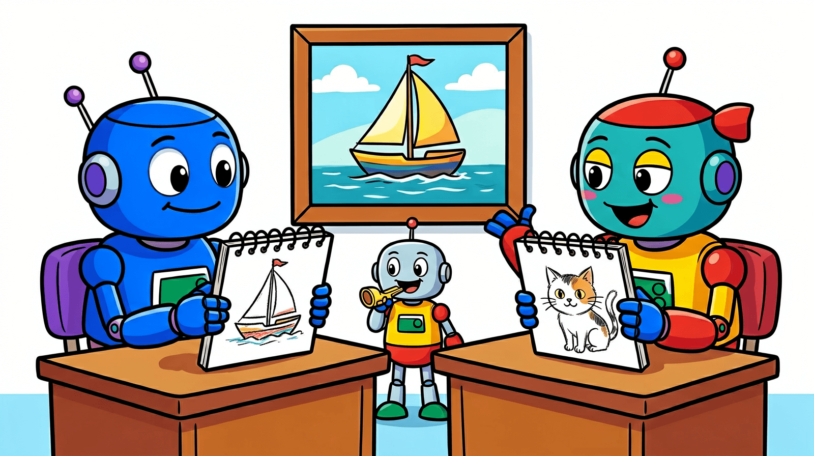 Illustration of two cartoon robots at desks looking at the same framed painting of a sailboat; the left one holds up a drawing of a sailboat, the right one proudly holds up a drawing of a cat, and a small referee robot blows a whistle