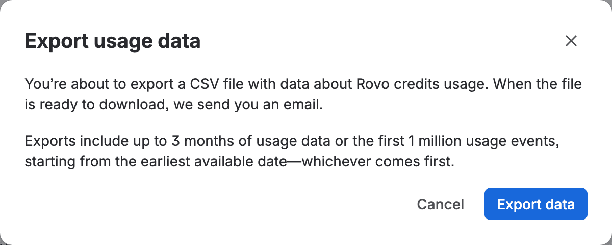The Export usage data dialog: You're about to export a CSV file with data about Rovo credits usage. When the file is ready to download, we send you an email. Exports include up to 3 months of usage data or the first 1 million usage events, starting from the earliest available date, whichever comes first. Buttons Cancel and Export data
