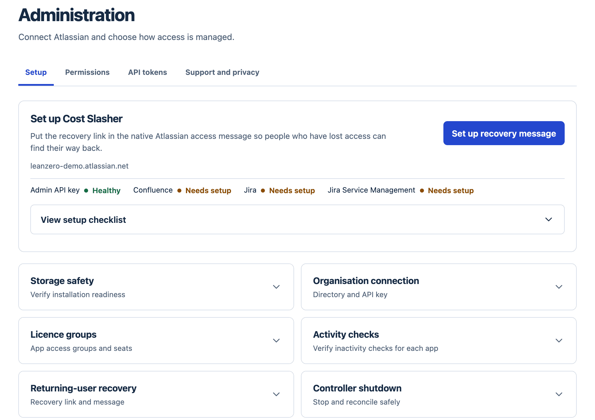 The Cost Slasher Administration Setup tab on the demo site: admin API key Healthy, Confluence, Jira and Jira Service Management each marked Needs setup, and six setup sections: Storage safety, Organisation connection, Licence groups, Activity checks, Returning-user recovery, Controller shutdown