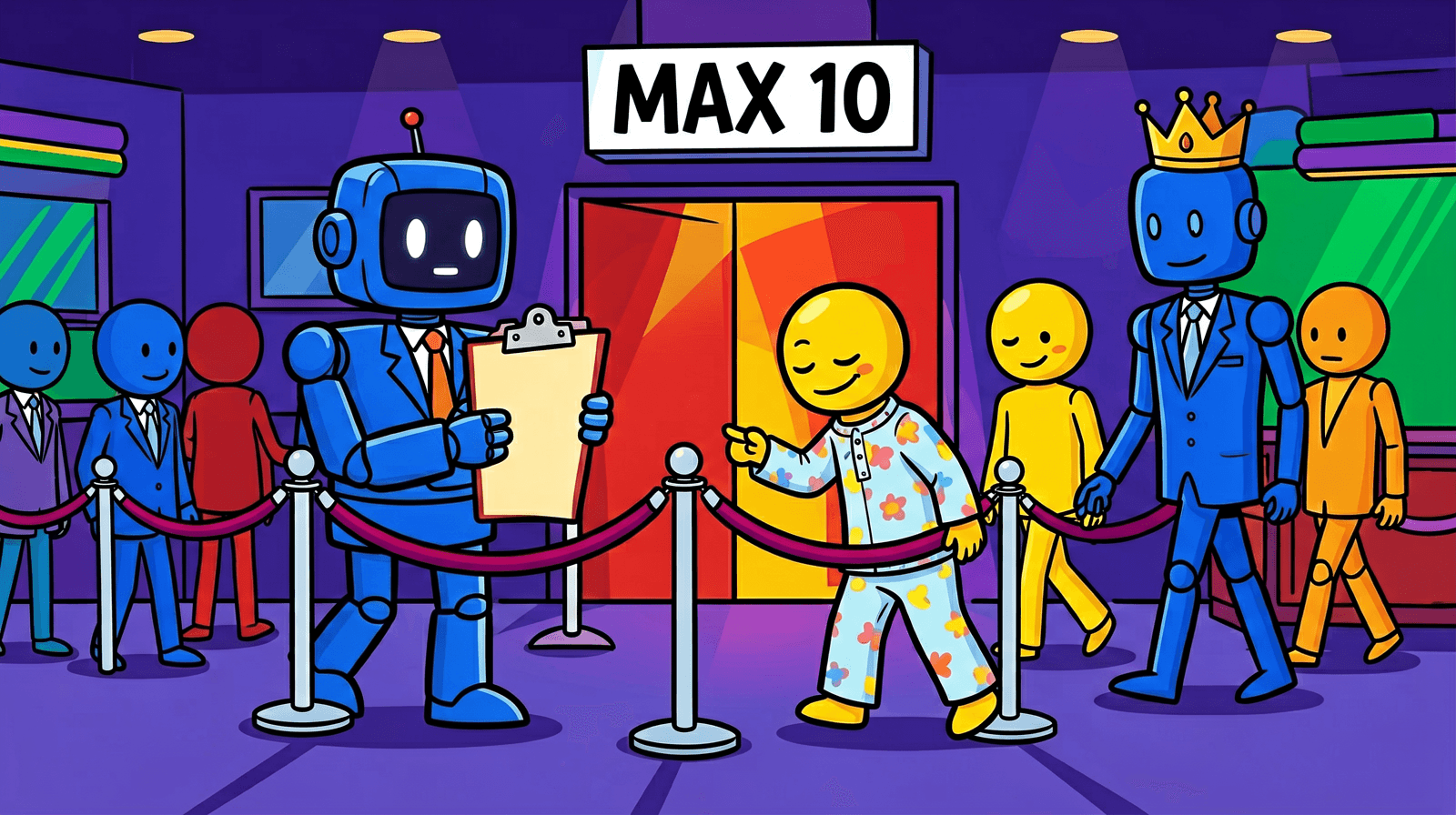 Illustration of a robot bouncer with a clipboard at a velvet rope under a MAX 10 sign, waving a sleepy robot in pyjamas aside while a robot wearing a crown walks past