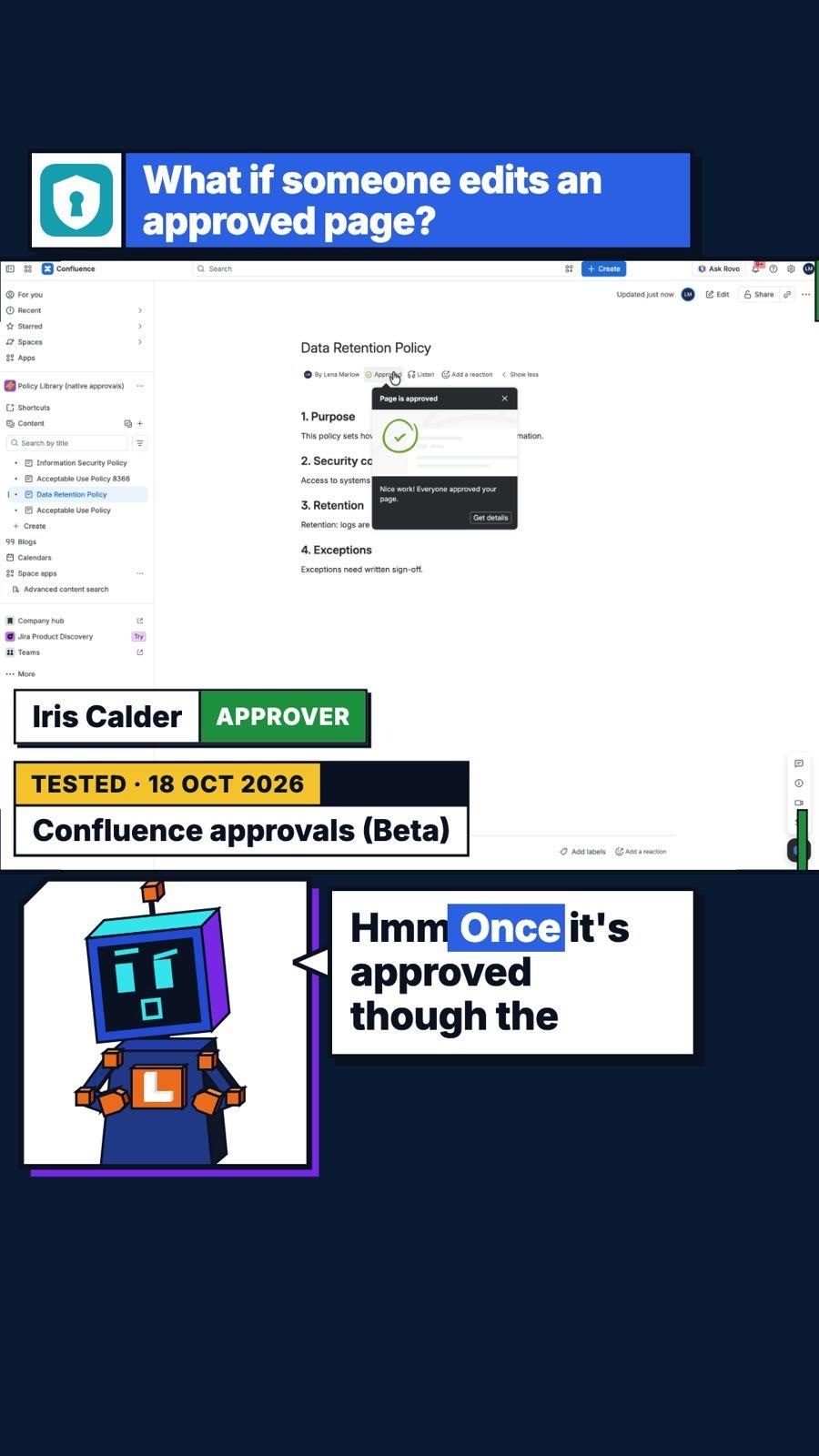 Short s1 in vertical format: the title What if someone edits an approved page? at the top, the episode's footage in a panel, and Elzi below with a speech bubble and word-highlighted captions