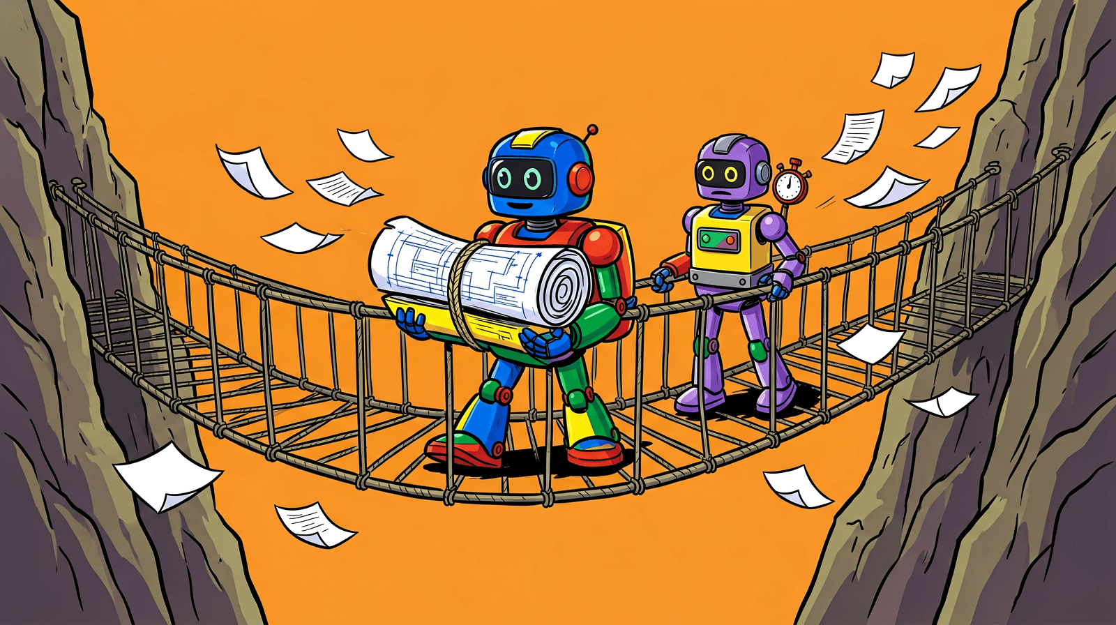 Illustration of a robot courier carrying a huge rolled blueprint across a rope bridge while a purple robot with a stopwatch walks behind it and papers blow away