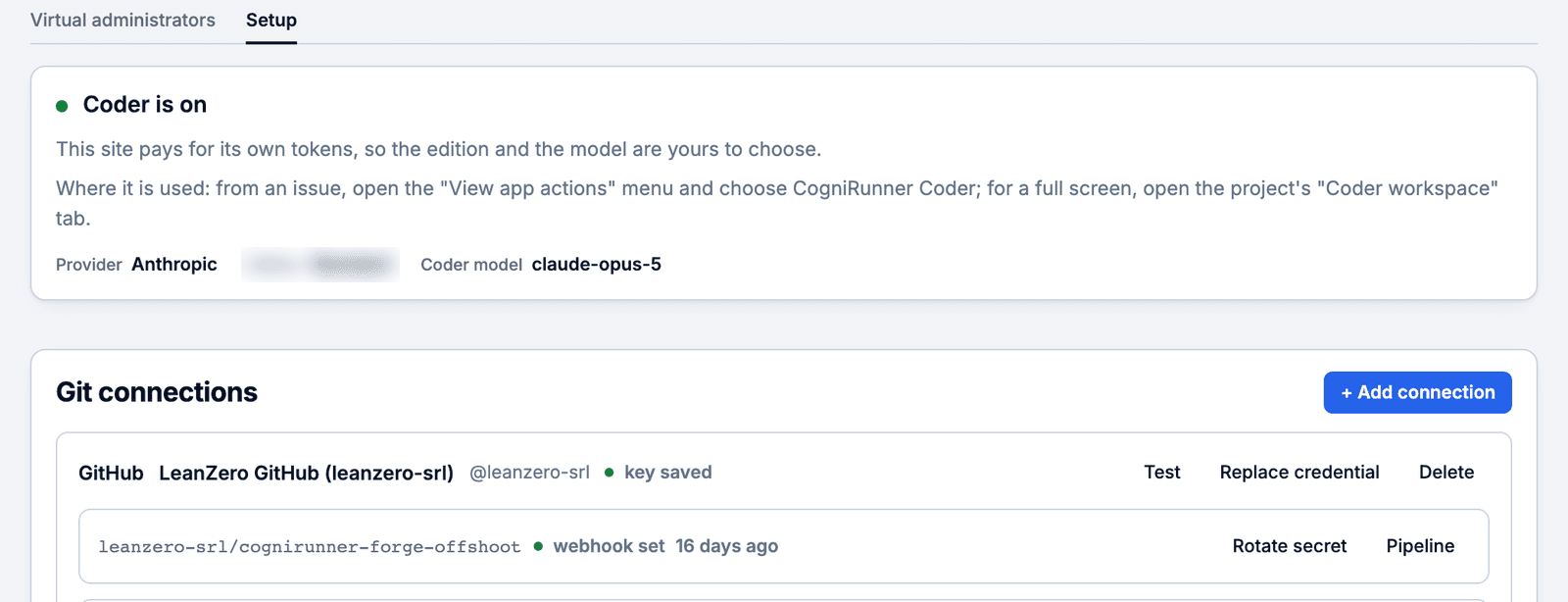 The CogniRunner Agents Setup tab showing Coder is on, provider Anthropic, Coder model claude-opus-5, and a GitHub connection whose repository row shows its webhook is set