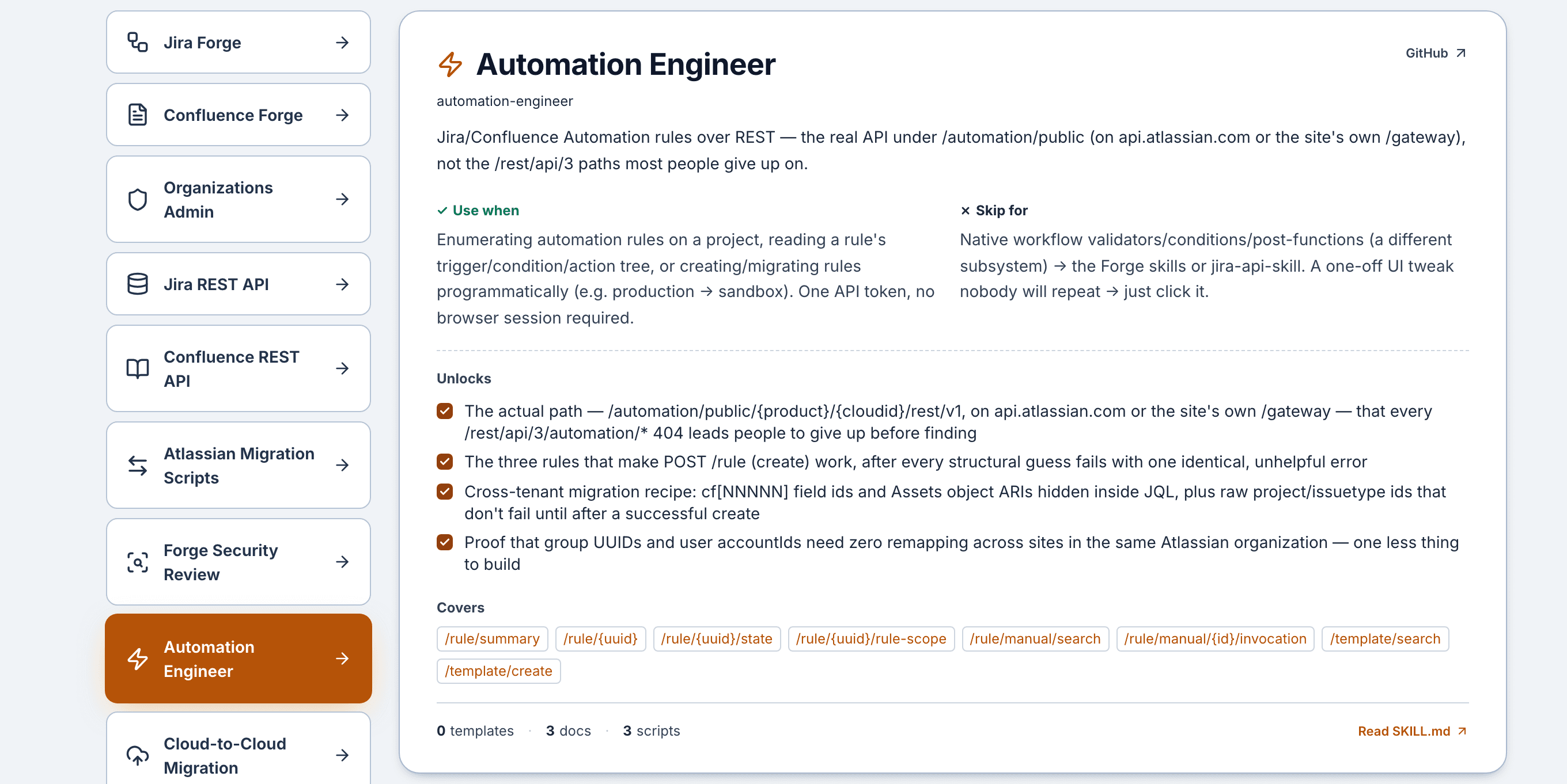The Automation Engineer card on the LeanZero AI skills page: a one-line summary, Use when and Skip for columns, four Unlocks items, and the endpoints it covers, such as /rule/summary, /rule/{uuid}/state and /rule/manual/search.