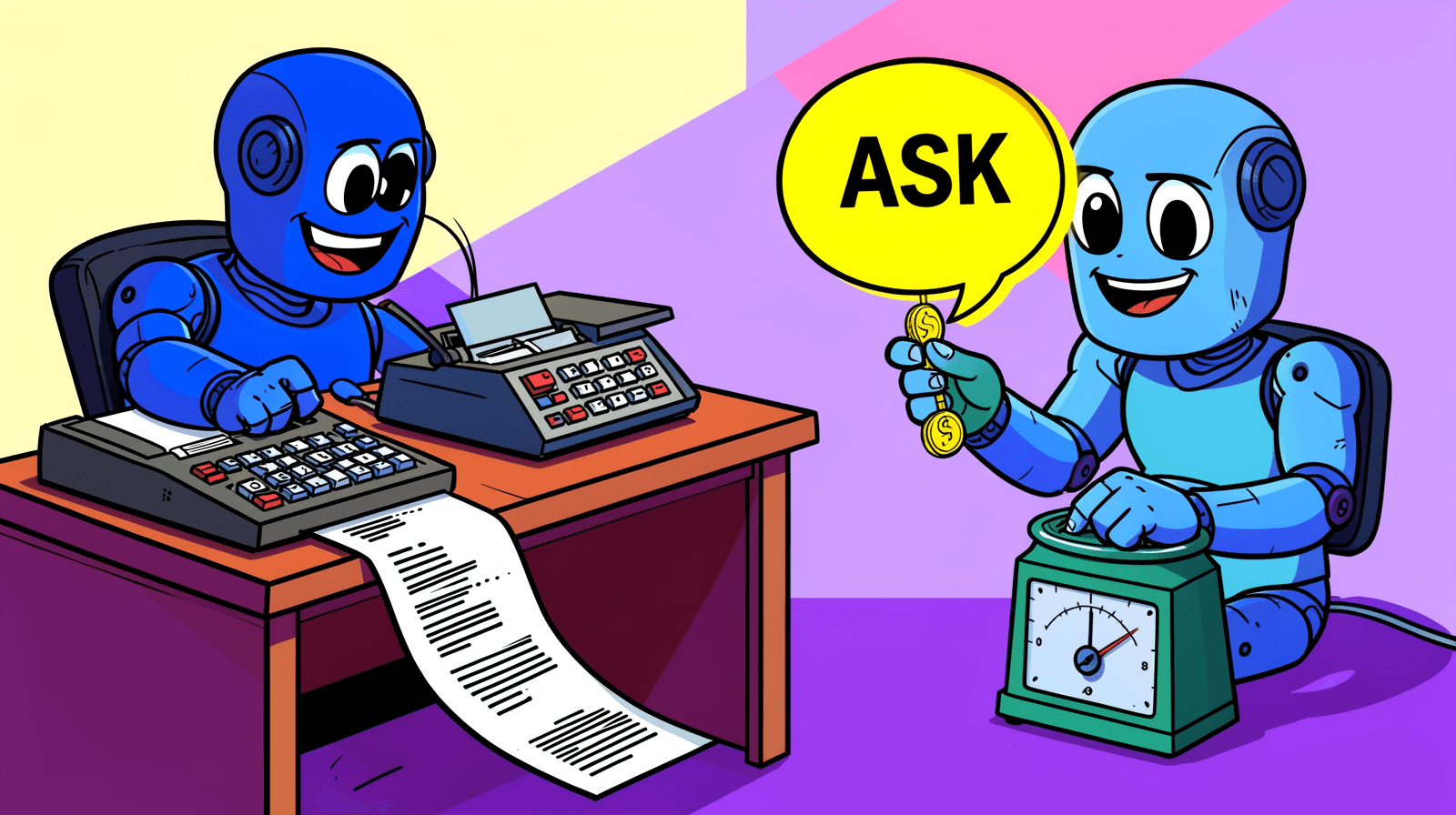 Illustration, generated locally with FLUX. A robot accountant at an adding machine with a long receipt on the floor while another robot holds up a sign reading ASK and drops coins into a meter