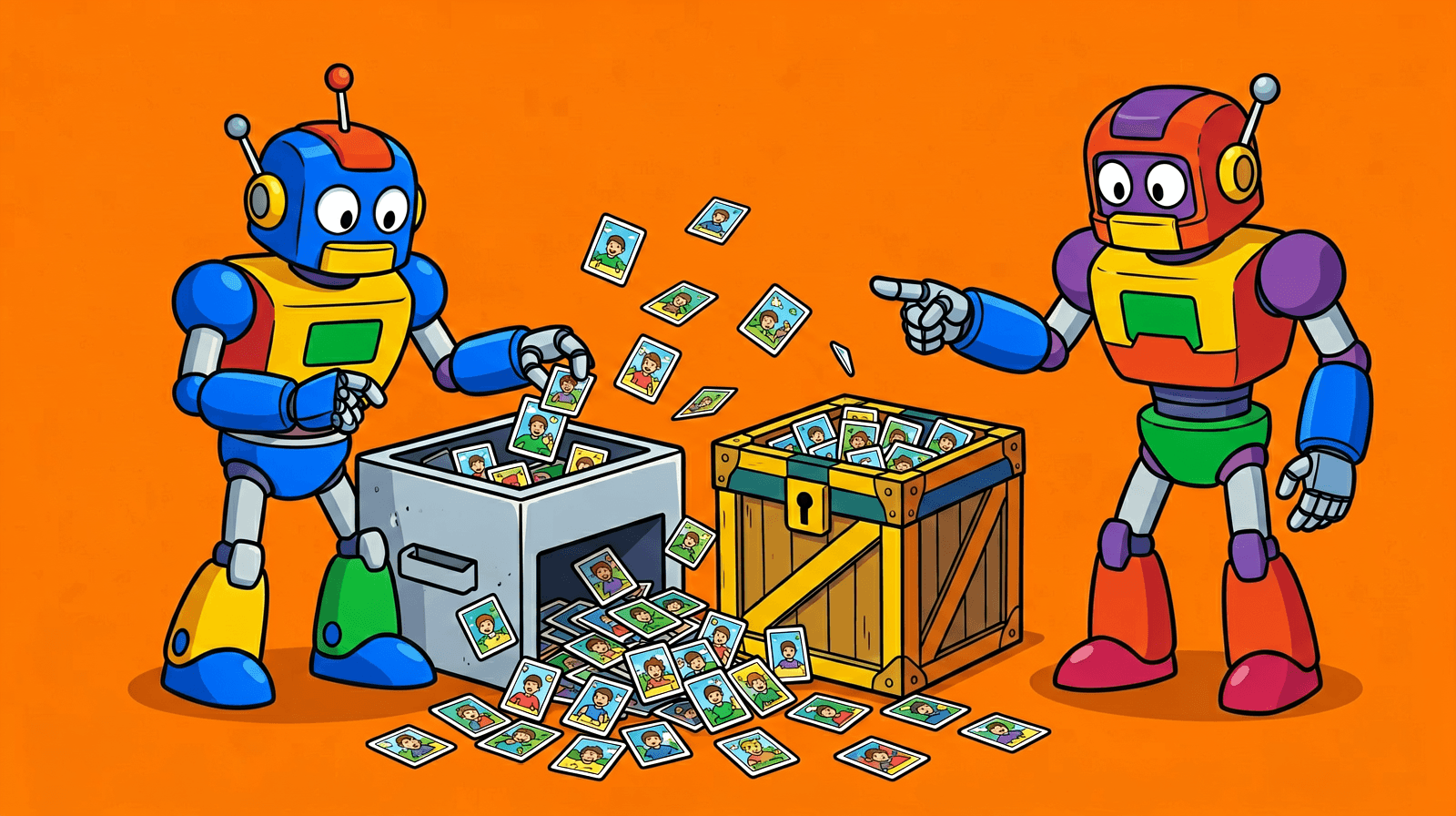 Cartoon of a blue robot dropping small picture cards into a grey sorting machine that spills them onto the floor, while a red and purple robot points at a wooden crate full of the same cards.