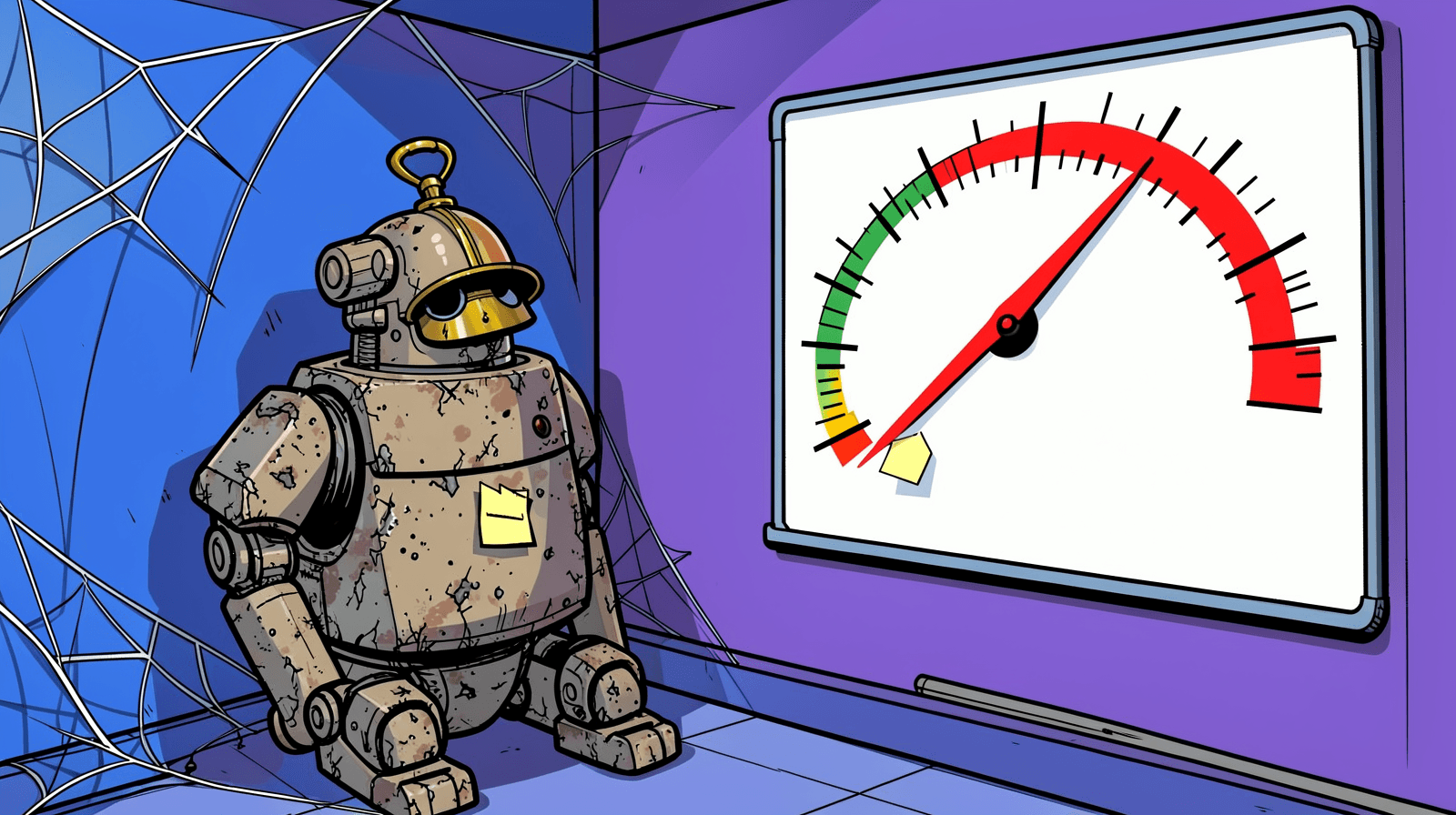 Cartoon of a dusty, cobwebbed robot in an office corner with a brass bell for a helmet, next to a big wall meter whose needle is in the red