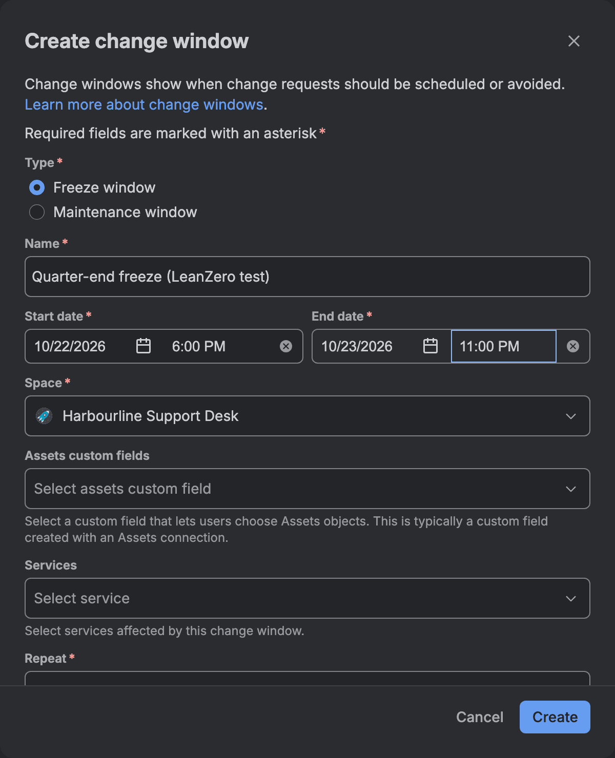 Create change window dialog with Freeze window selected, the name Quarter-end freeze (LeanZero test), start 10/22/2026 6:00 PM and end 10/23/2026 11:00 PM, space Harbourline Support Desk
