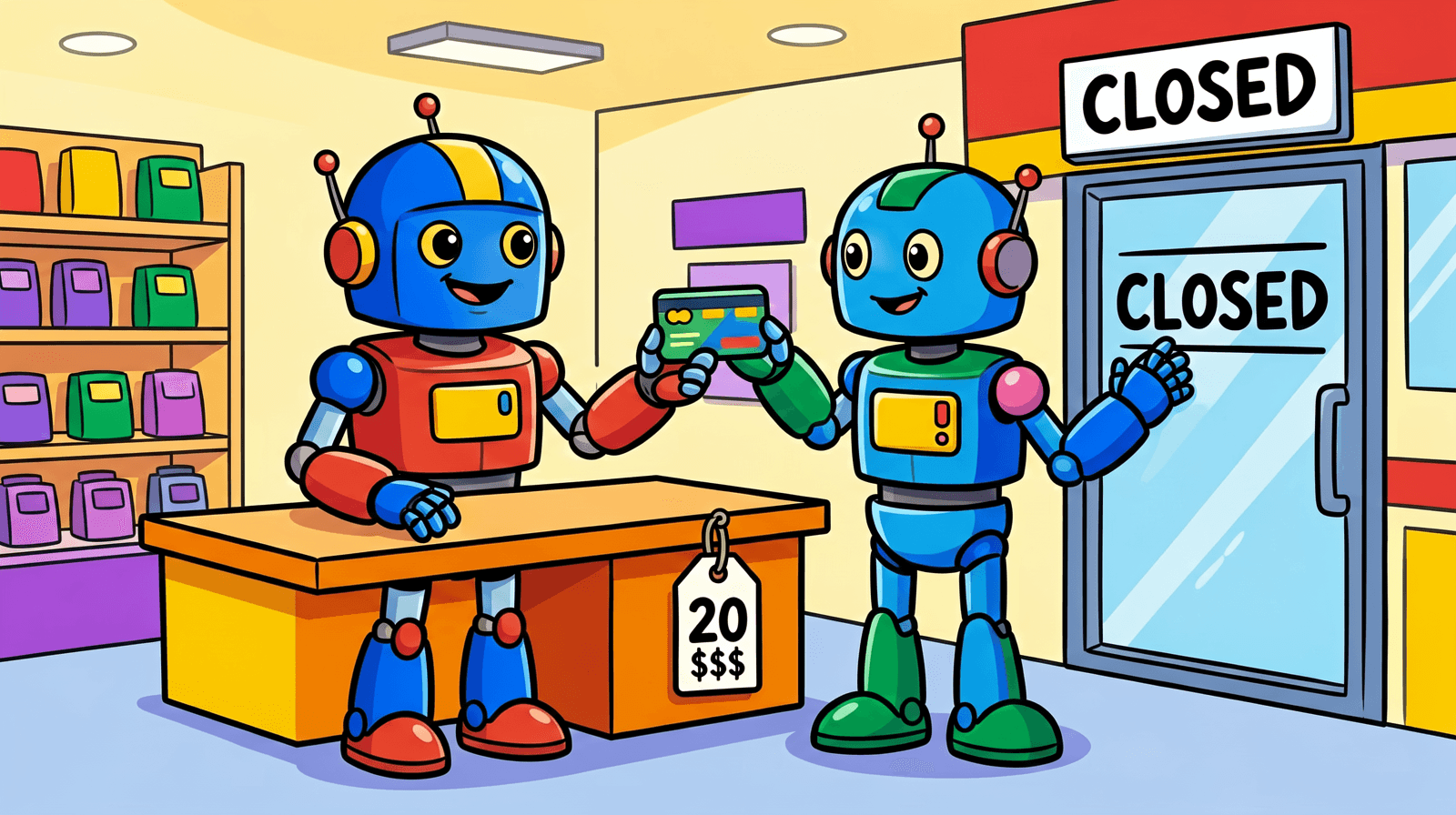 Cartoon of a cheerful robot handing a credit card across a shop counter to a shopkeeper robot, a price tag reading 20 hanging on the counter, and CLOSED signs on the shop door behind them