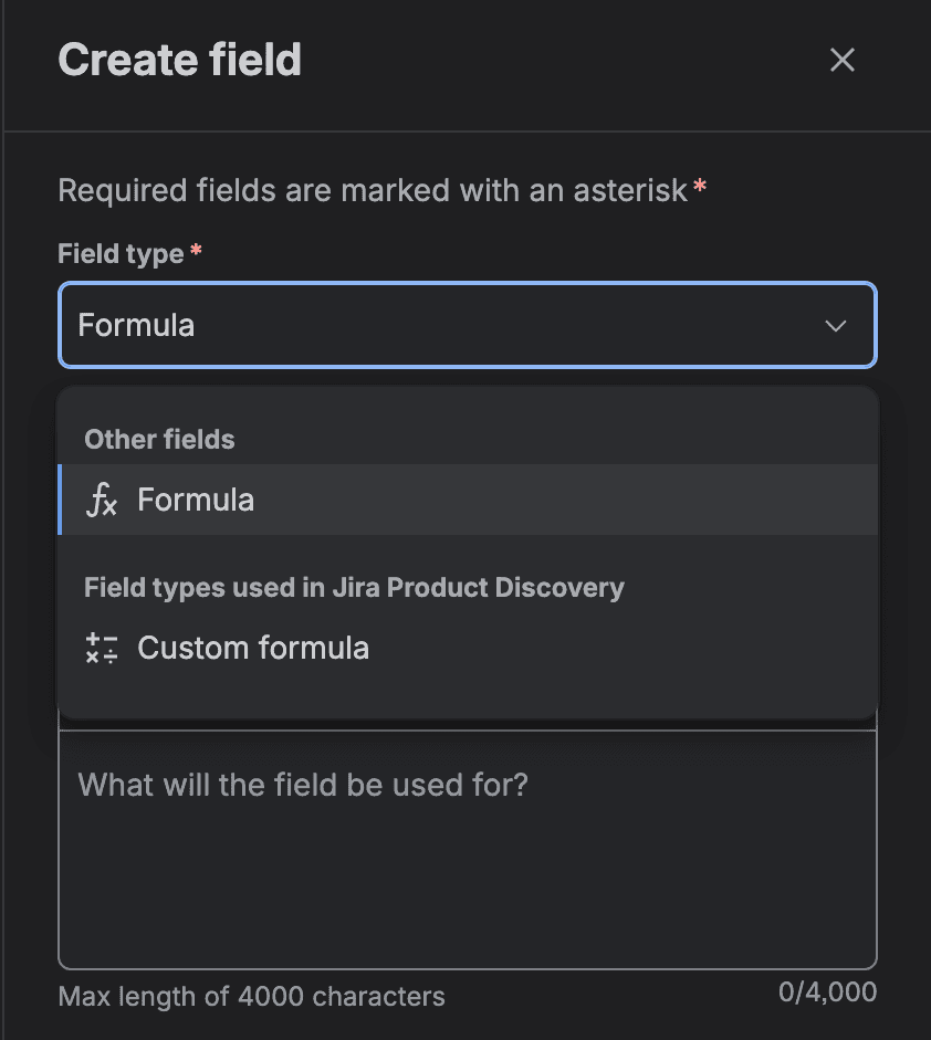 The Create field panel in Jira admin settings with the Field type dropdown filtered to formula. Under Other fields there is Formula with an fx icon; under Field types used in Jira Product Discovery there is Custom formula.