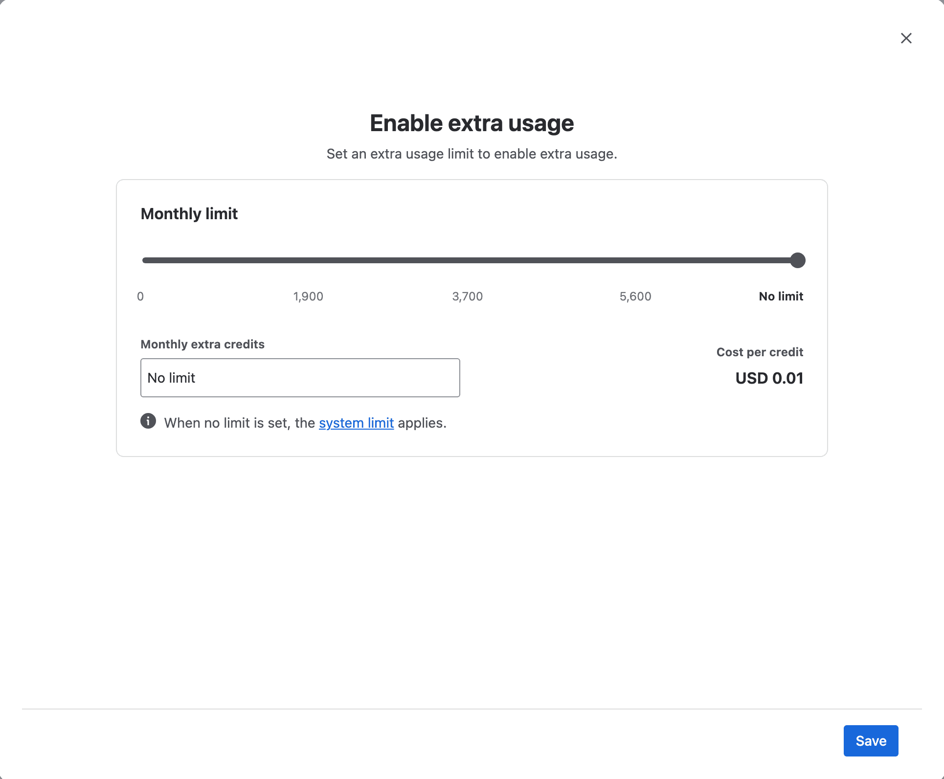 The Enable extra usage dialog in Atlassian Administration: a Monthly limit slider with ticks at 0, 1,900, 3,700, 5,600 and No limit, the handle at No limit, Monthly extra credits set to No limit, Cost per credit USD 0.01, and a note that when no limit is set the system limit applies